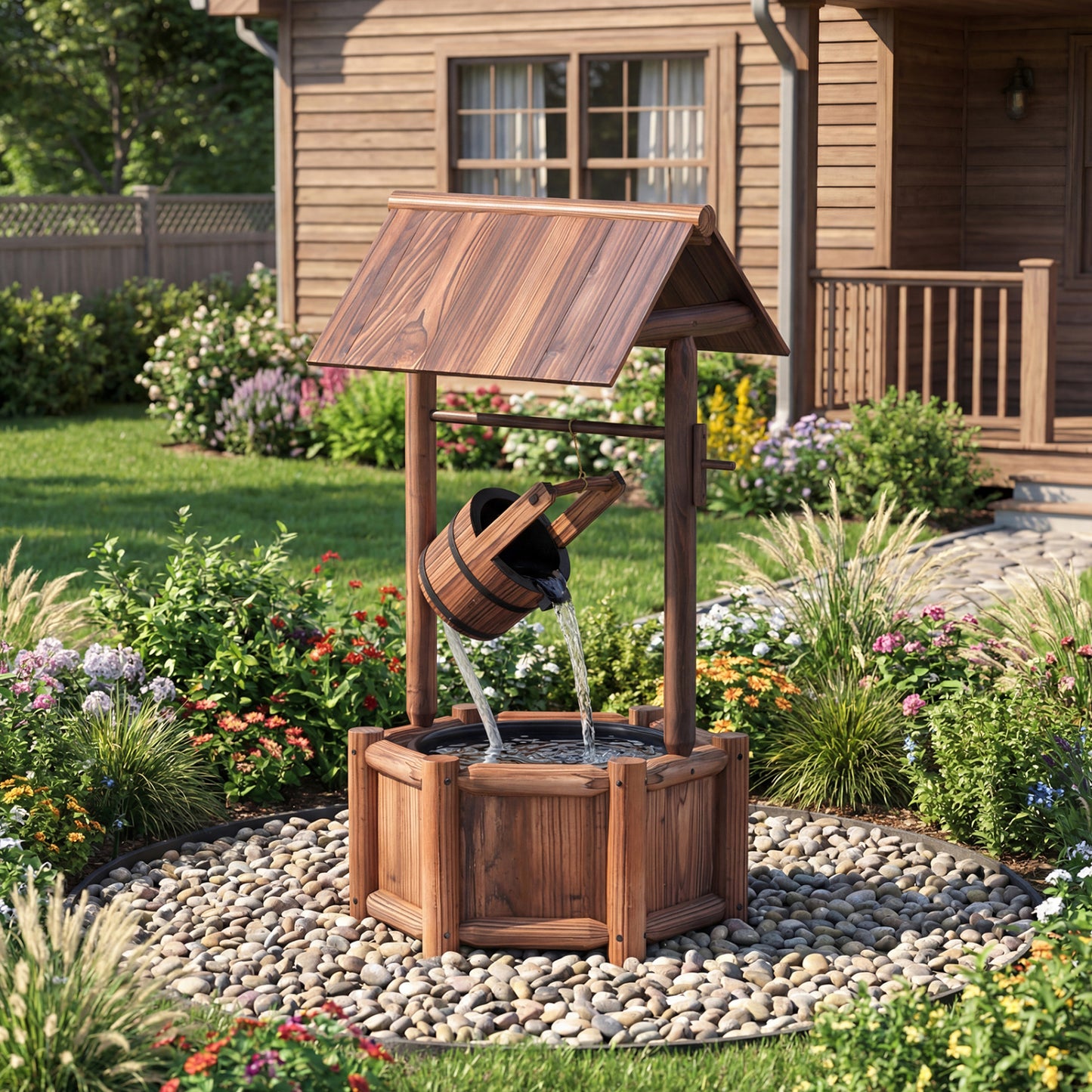 Wooden Wishing Water Fountain With Pump, Brown Outdoor Decor at Gallery Canada