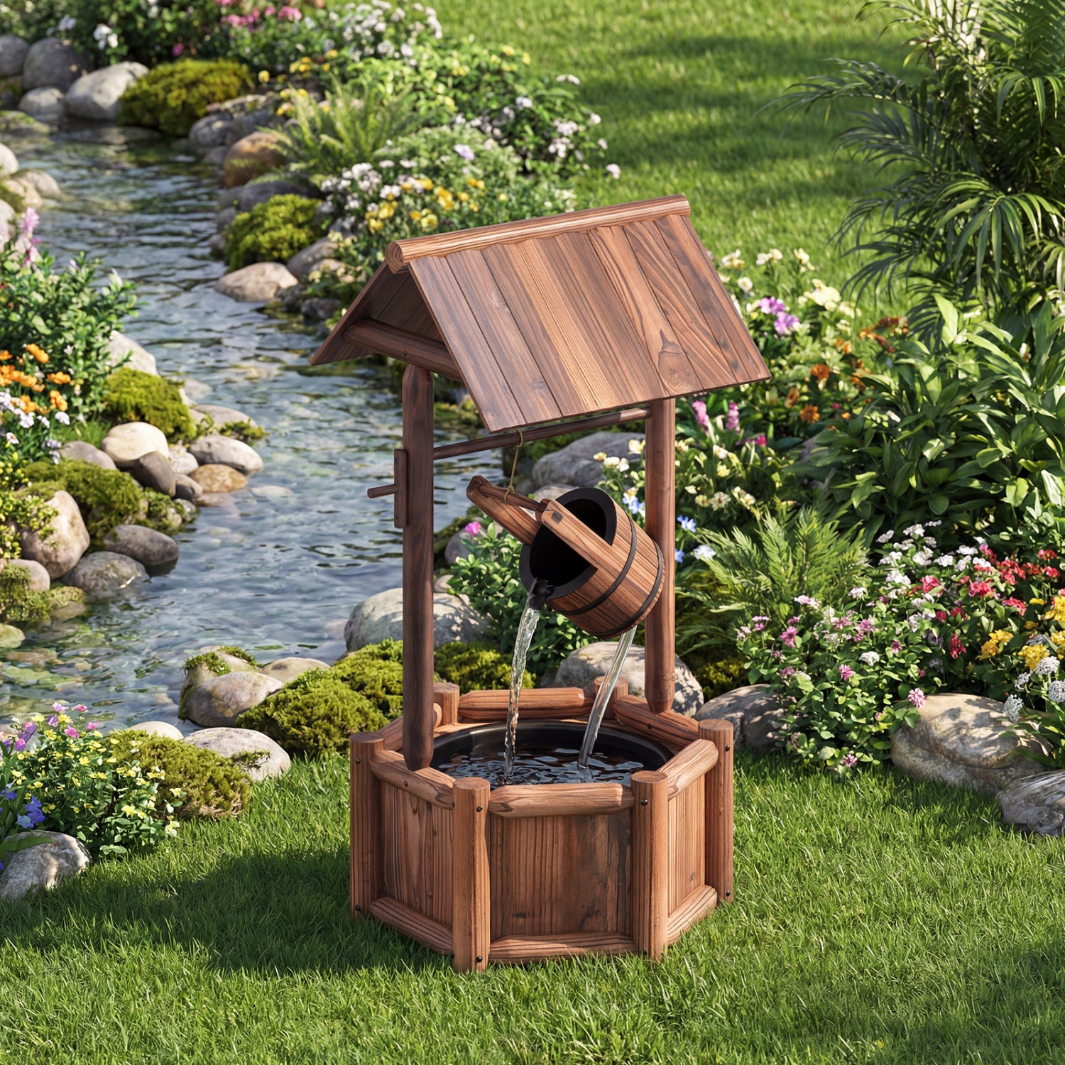 Wooden Wishing Water Fountain With Pump, Brown Outdoor Decor at Gallery Canada