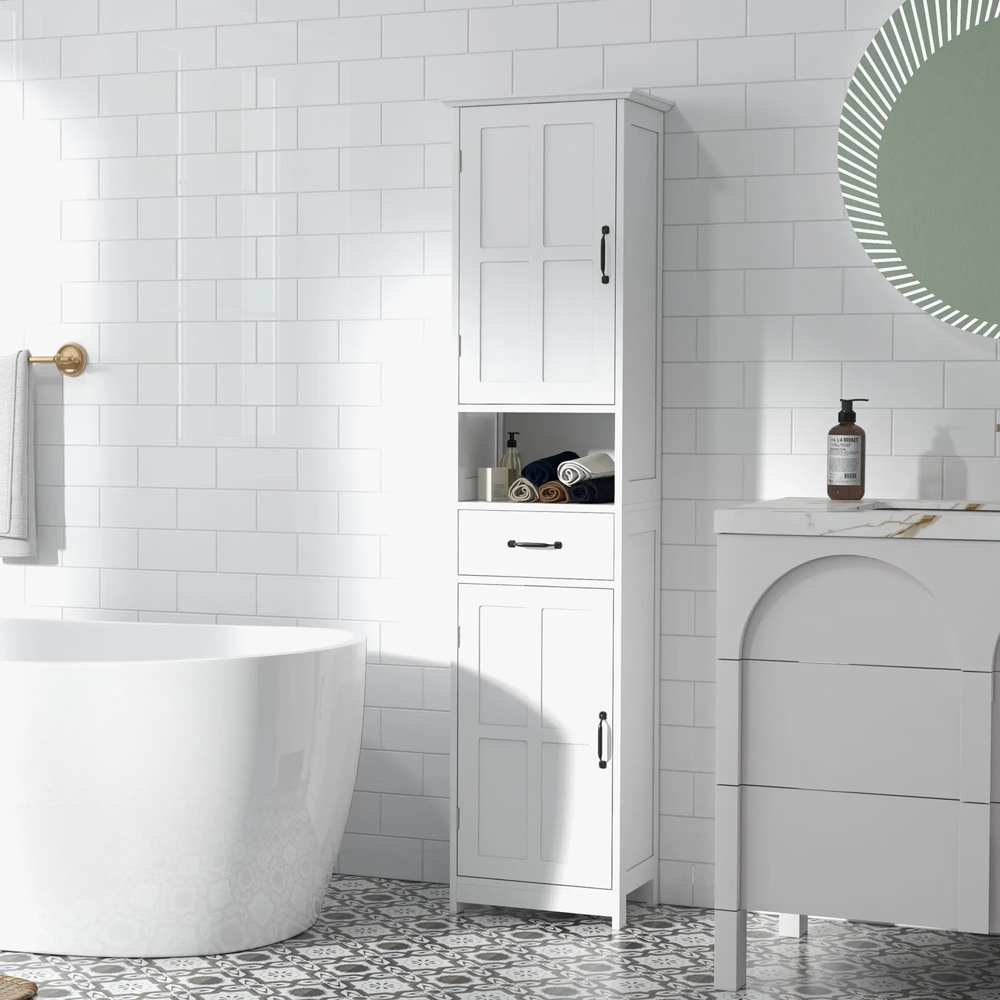 Modern Bathroom Cabinet, Narrow Vanity with Open Shelf, White Bathroom Cabinets at Gallery Canada