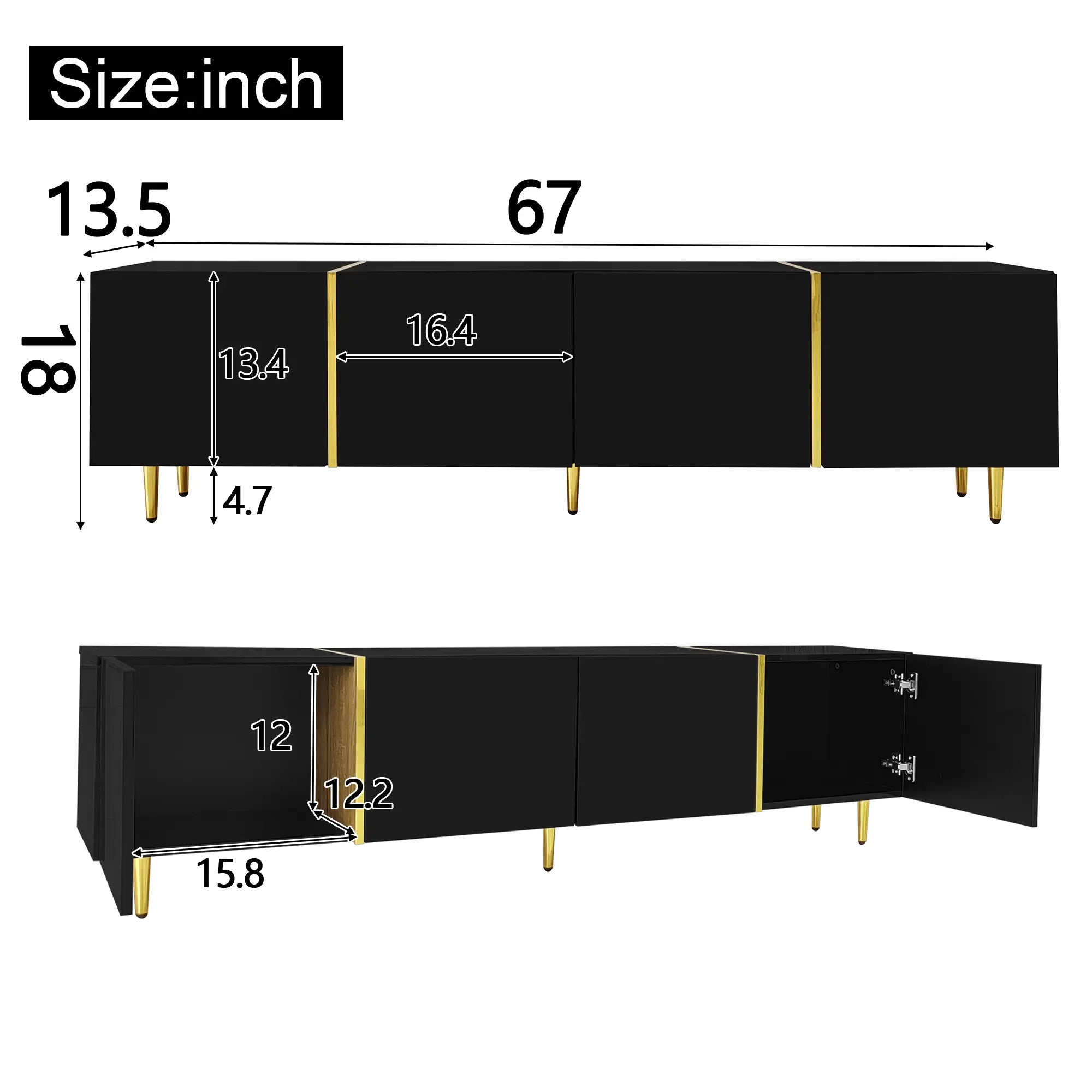 Modern TV Stand, 4 Doors, Soft-Close Hinges, 67