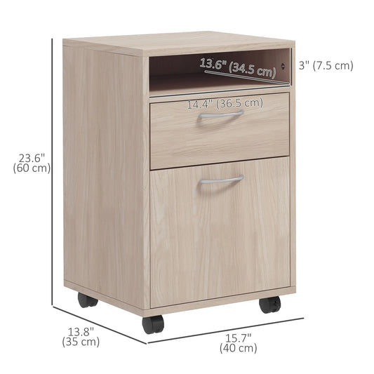 24" Small Filing Cabinet, Open Compartment, Drawer, Wheels, Oak Office Cabinets & Cupboards Oak at Gallery Canada