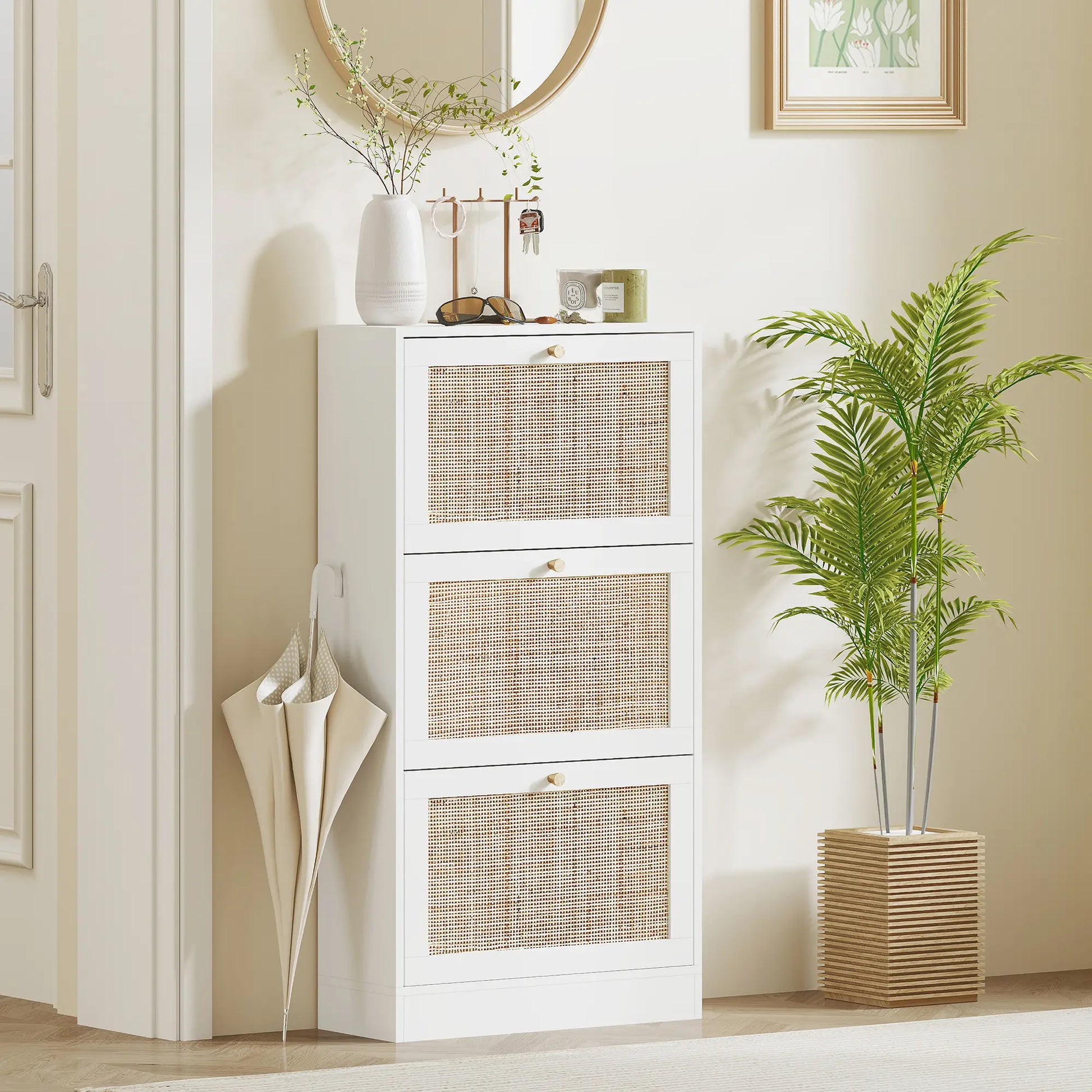 Rattan Shoe Storage Cabinet, 3 Flip Drawers, Adjustable Shelves, 18 Pairs, White Shoe Storage Cabinets & Racks at Gallery Canada