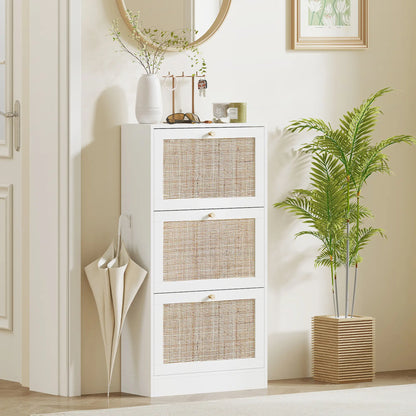 Rattan Shoe Storage Cabinet, 3 Flip Drawers, Adjustable Shelves, 18 Pairs, White Shoe Storage Cabinets & Racks at Gallery Canada