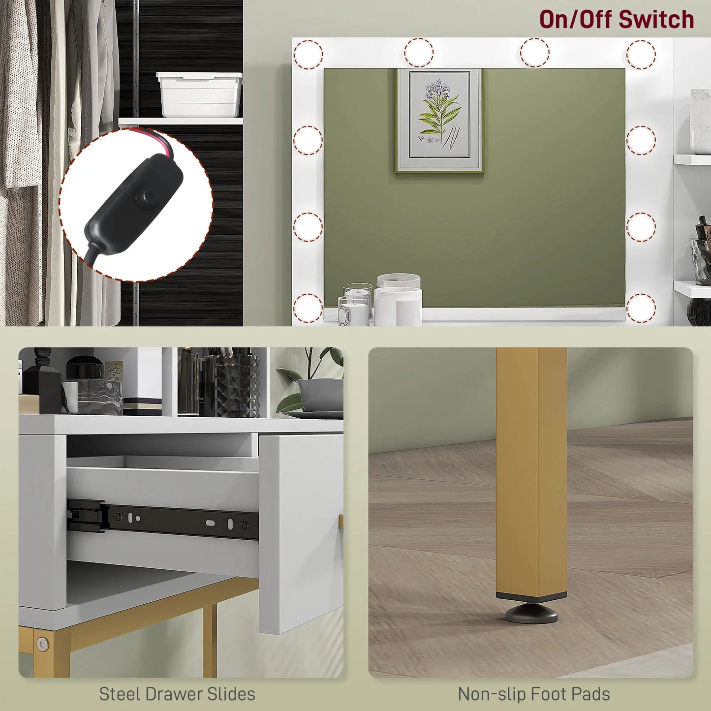 LED Vanity Table with Mirror, 3 Drawers, Storage Shelves, White Dressing & Vanity Tables at Gallery Canada