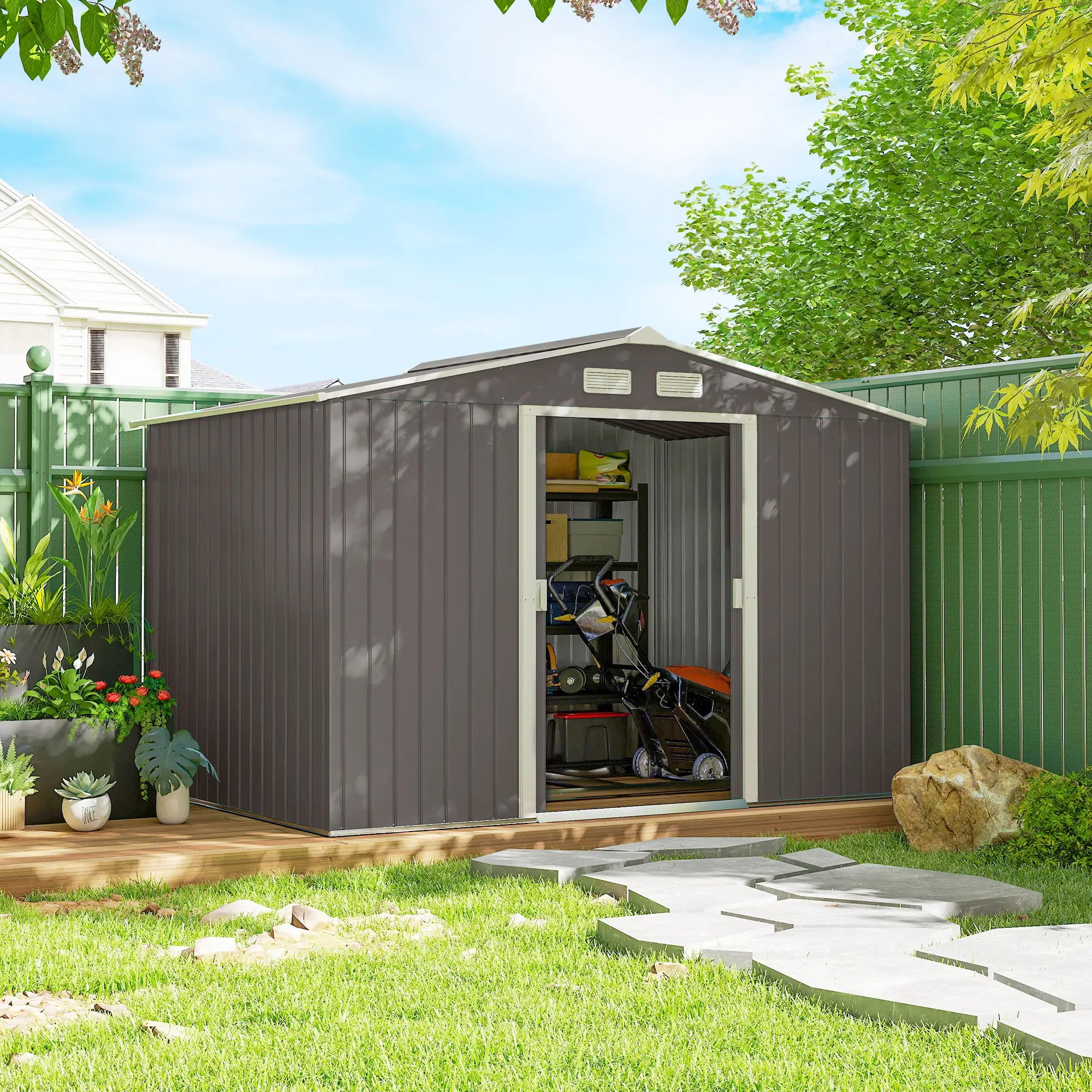 9x6 Galvanized Steel Garden Shed, Double Doors, Foundation Kit, Grey Sheds at Gallery Canada