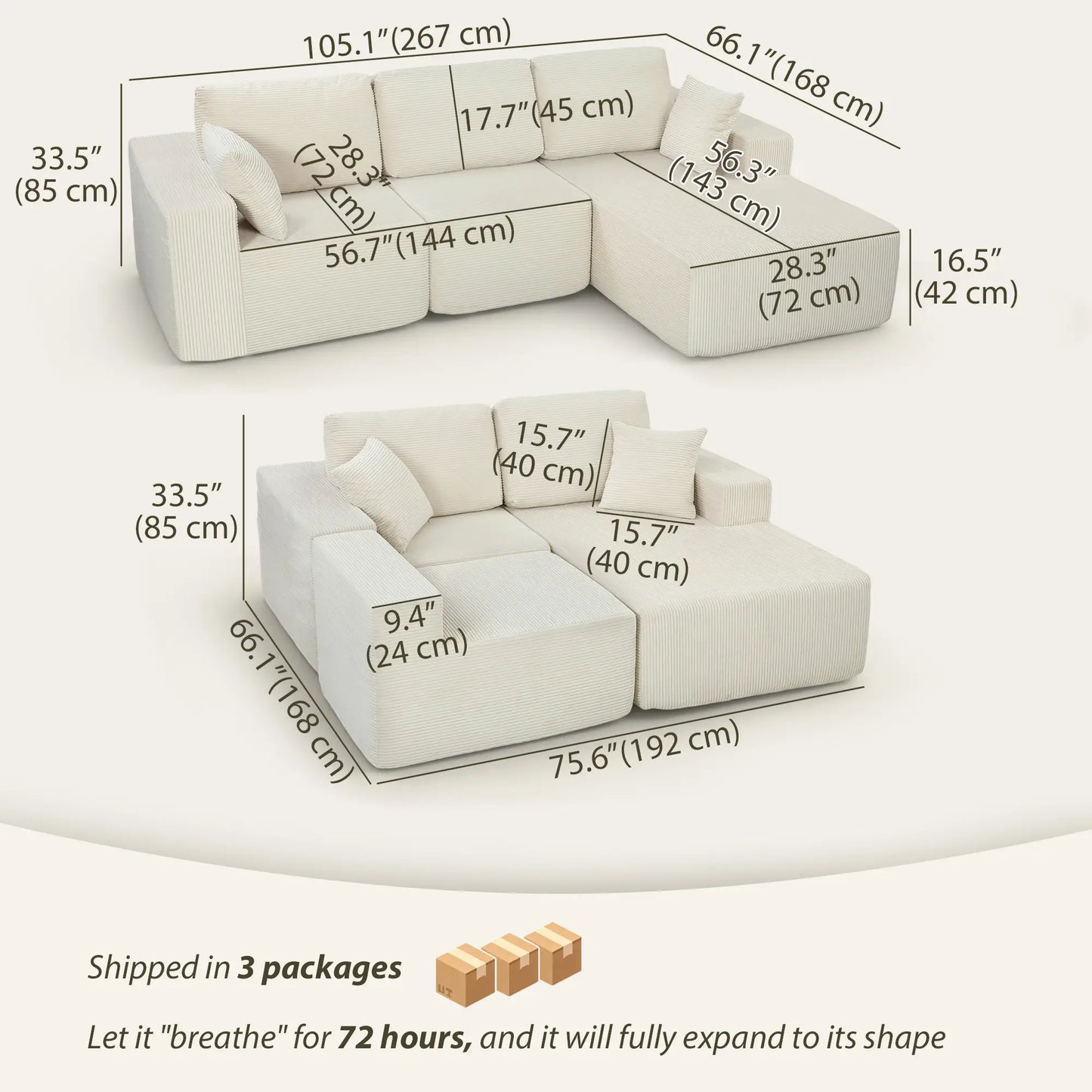 Modular Sectional Sofa, L Shaped Couch Sofa Bed, Cream White 3-Seater Sofas at Gallery Canada
