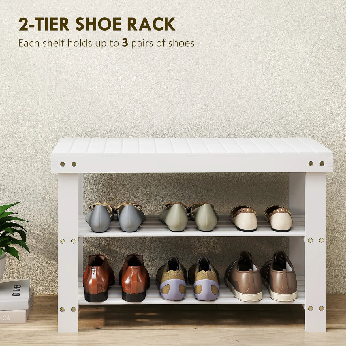 Bamboo Shoe Storage Bench, 3-Tier, 2 Shelves, Holds 6 Pairs, White