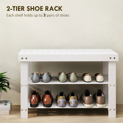 Bamboo Shoe Storage Bench, 3-Tier, 2 Shelves, Holds 6 Pairs, White