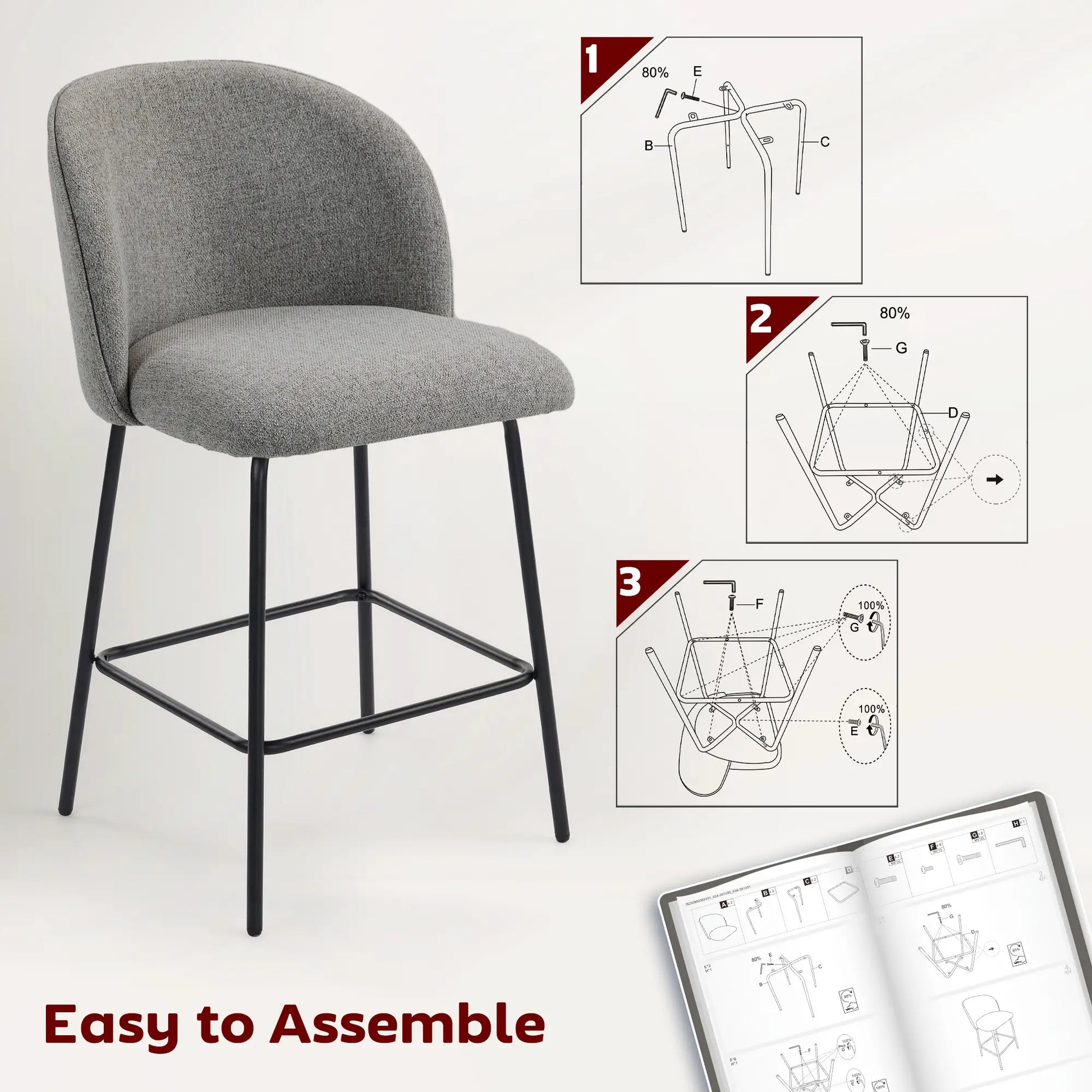 Set of 2 Counter Height Barstools, Upholstered Linen with Backrest, Dark Grey Bar Stools at Gallery Canada