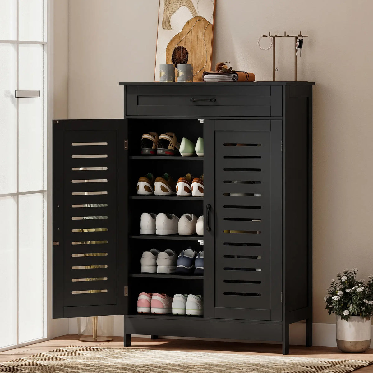 Shoe Cabinet With Louvered Doors, Drawer, Adjustable Shelves, Black Shoe Storage Cabinets & Racks at Gallery Canada