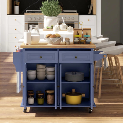 Kitchen Island with Storage, Rolling Cart, Rubber Wood Top, Navy Blue Kitchen Islands & Kitchen Carts at Gallery Canada