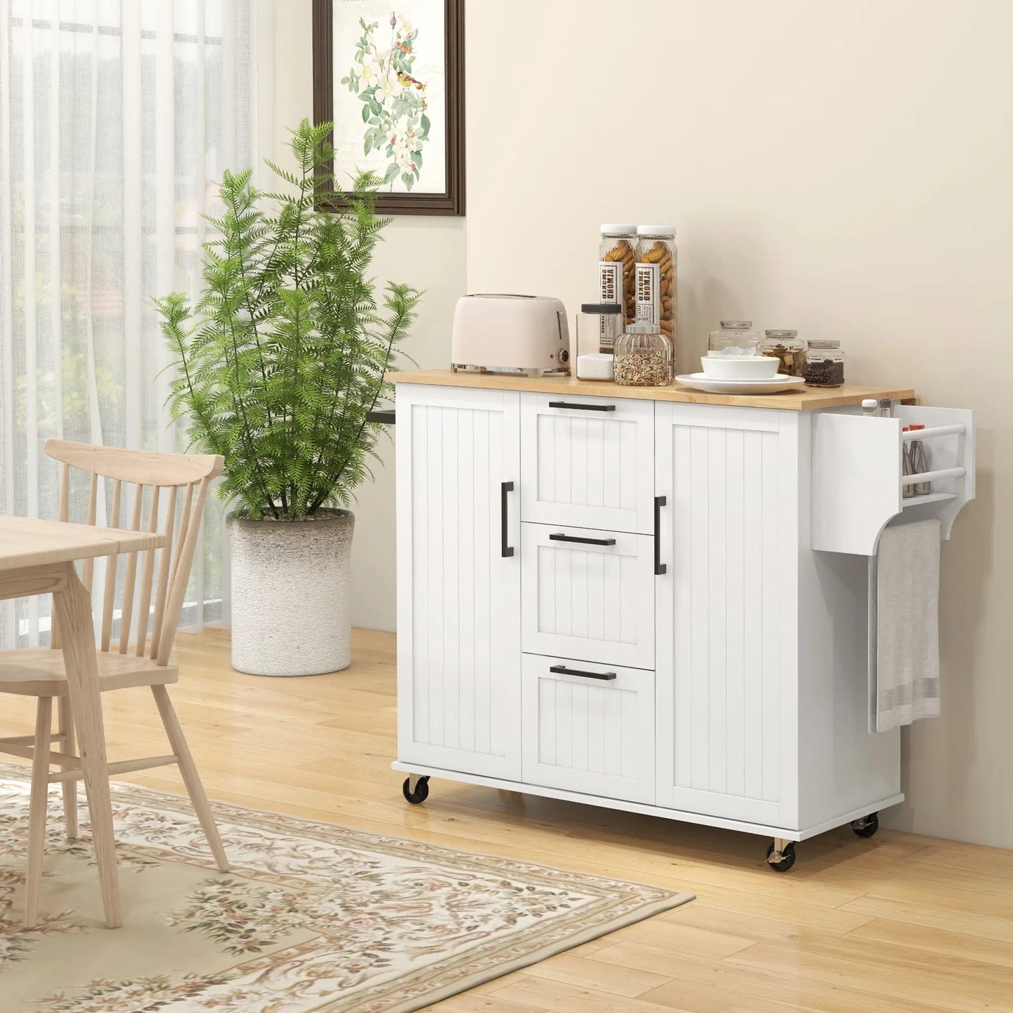 Rolling Kitchen Cart, Drop Leaf, 3 Drawers, Solid Wood Top, Towel Rack, White Kitchen Islands & Kitchen Carts at Gallery Canada
