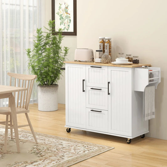 Rolling Kitchen Cart, Drop Leaf, 3 Drawers, Solid Wood Top, Towel Rack, White Kitchen Islands & Kitchen Carts White, Natural at Gallery Canada