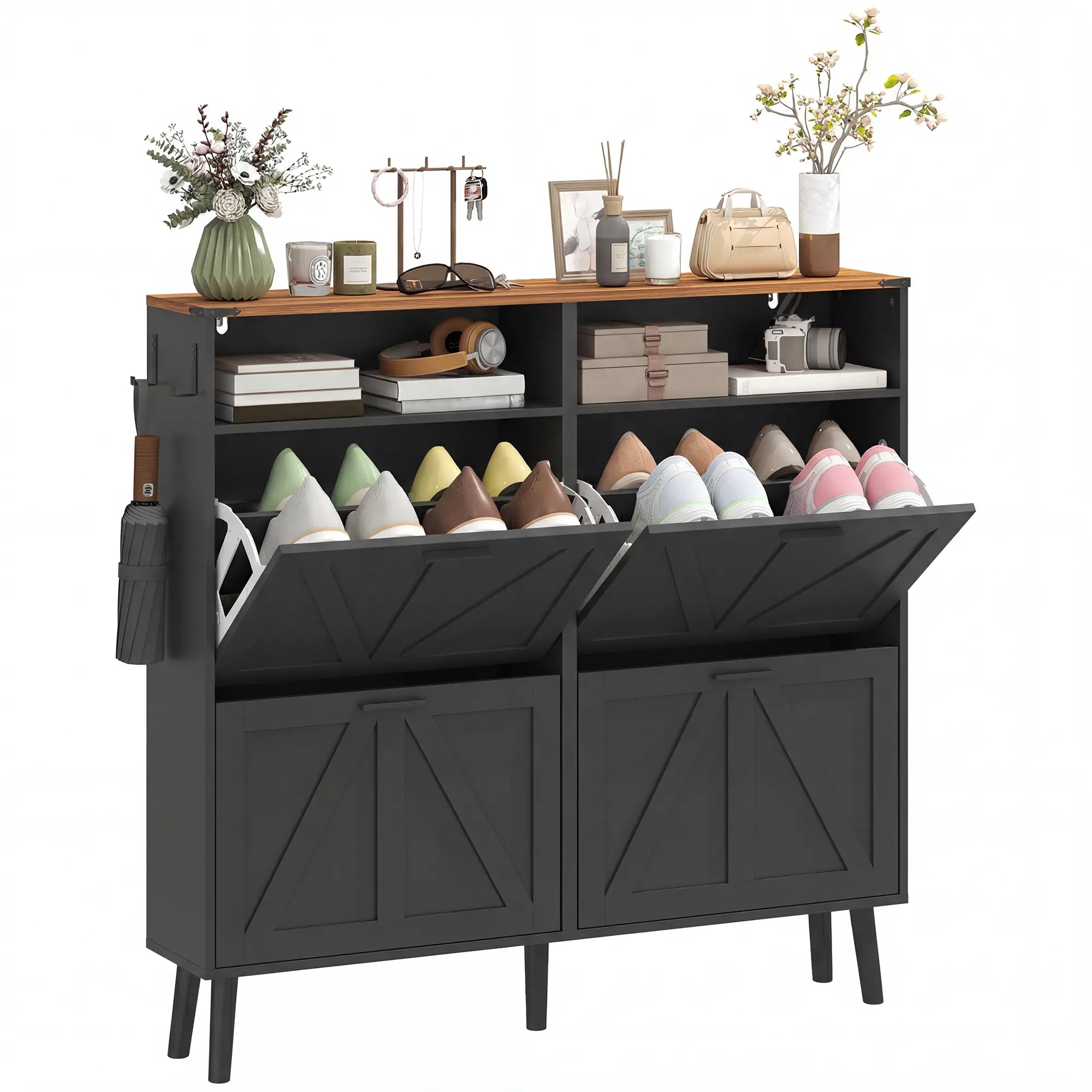 Shoe Storage Cabinet, 4 Flip Drawers, Farmhouse Narrow, Black Shoe Storage Cabinets & Racks at Gallery Canada