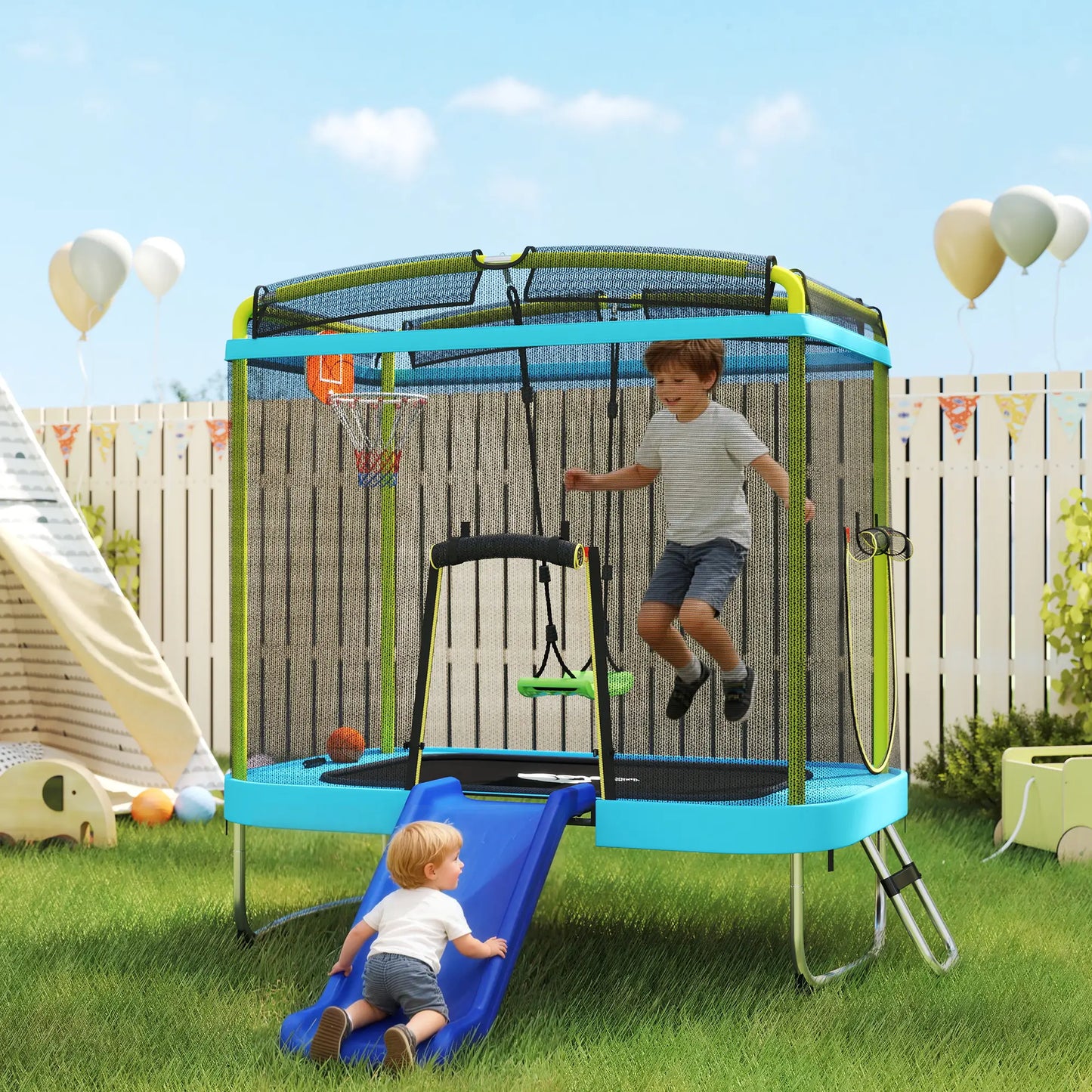 70" x 47" Trampoline With Slide, Swing, Basketball Hoop, Light Blue Trampolines at Gallery Canada