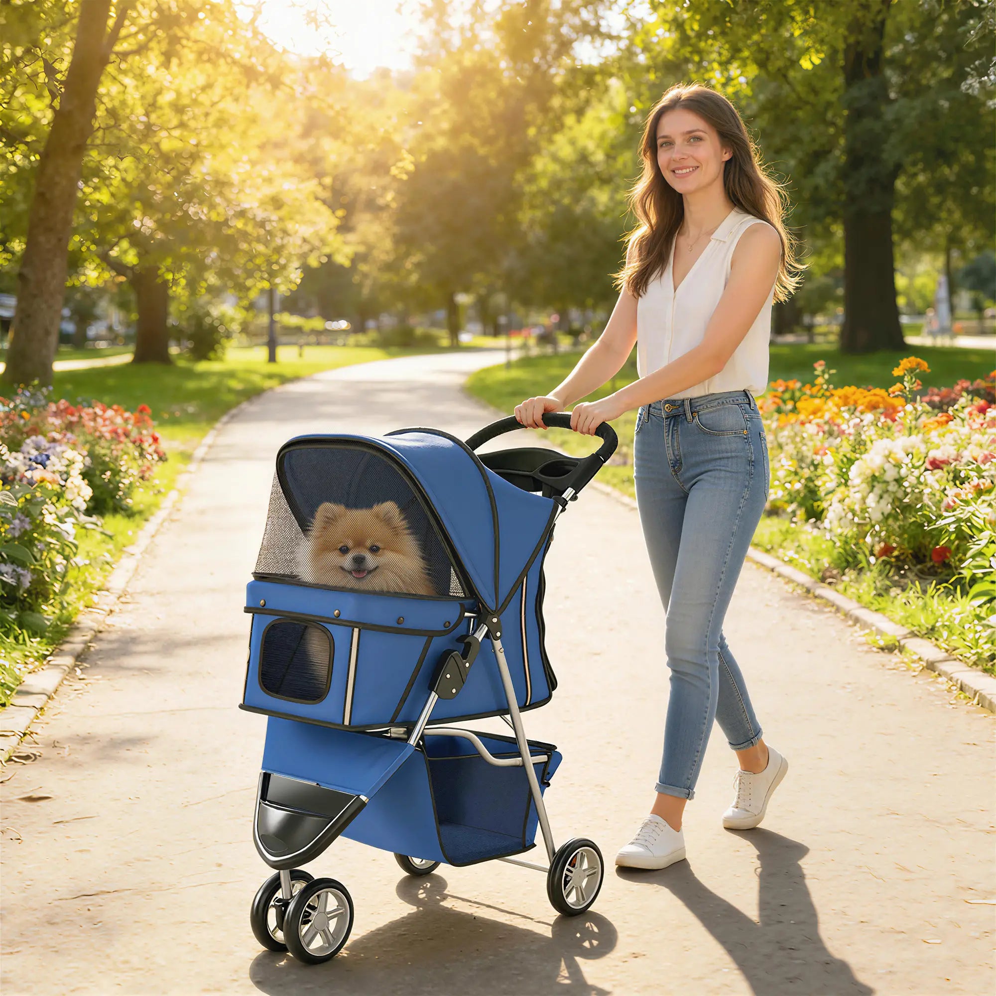 Foldable 3 Wheel Dog Stroller, Storage Basket, Adjustable Canopy, Blue Dog Bike Trailers & Strollers at Gallery Canada