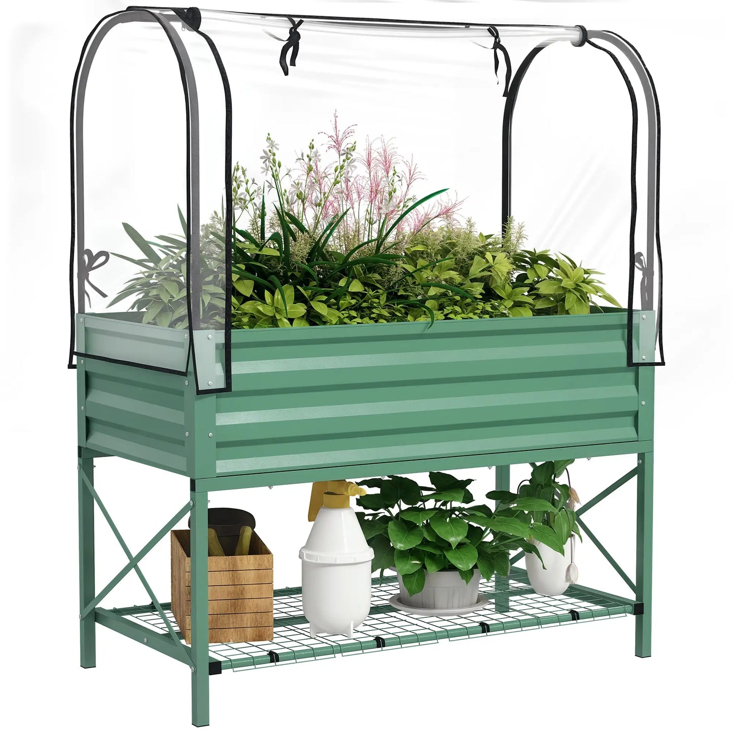 Metal Raised Garden Bed With Cover, 48 Inch, Green