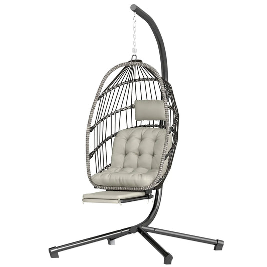Outdoor Hanging Egg Chair, Retractable Footrest, Metal Stand, Light Grey Patio Swings with Stand Light Grey, Black, Dark Grey at Gallery Canada