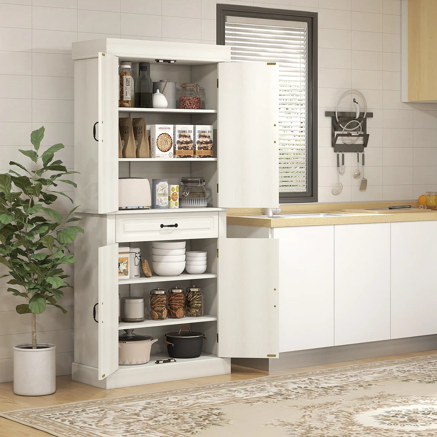 71" Freestanding Kitchen Pantry, 4 Doors 2 Cabinets, Distressed White, White Kitchen Pantry Cabinets at Gallery Canada