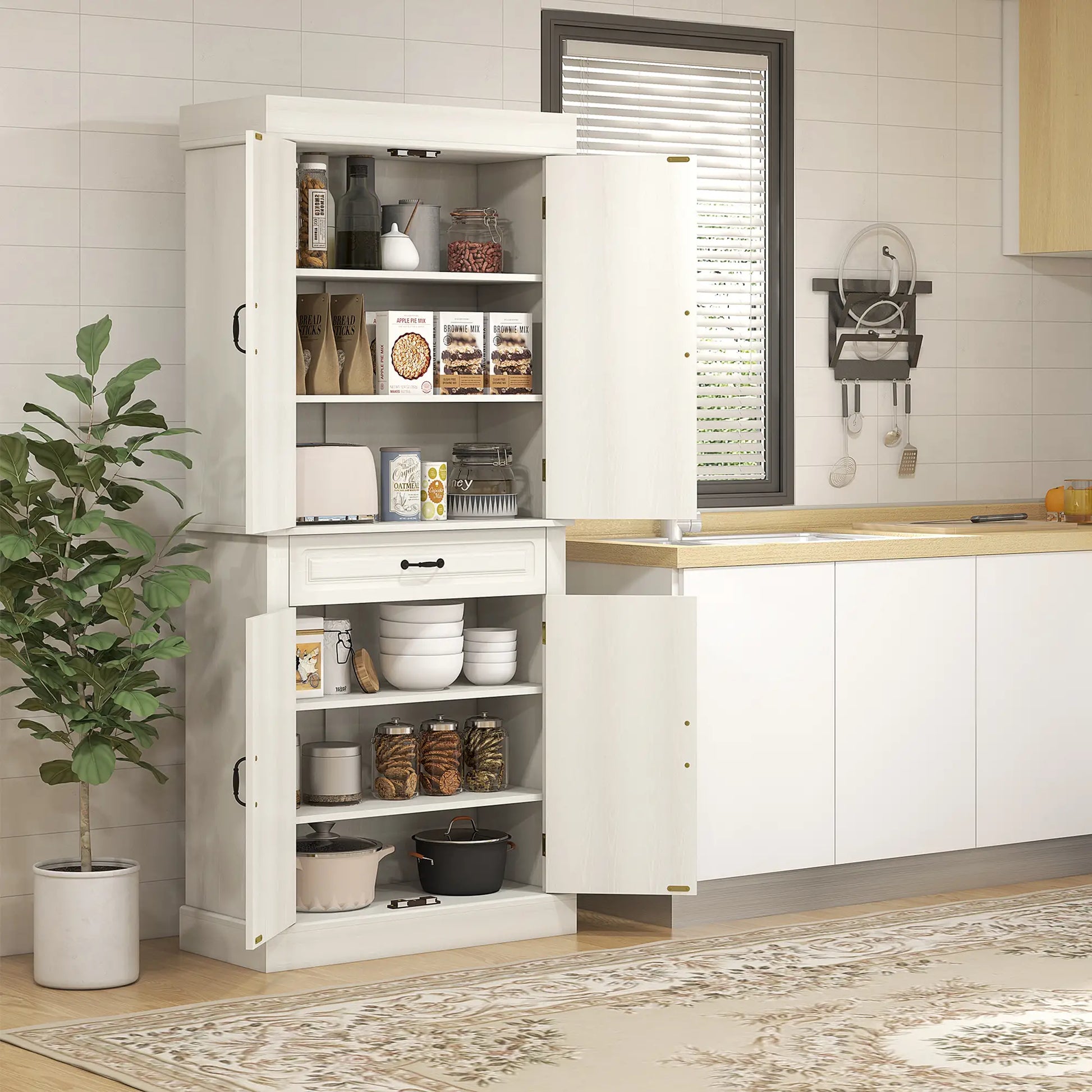 71" Freestanding Kitchen Pantry, 4 Doors 2 Cabinets, Distressed White, White Kitchen Pantry Cabinets at Gallery Canada