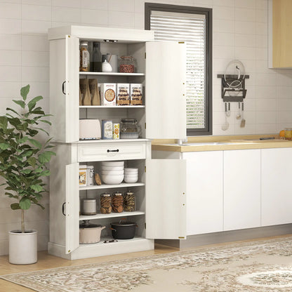 71" Freestanding Kitchen Pantry, 4 Doors 2 Cabinets, Distressed White, White Kitchen Pantry Cabinets at Gallery Canada