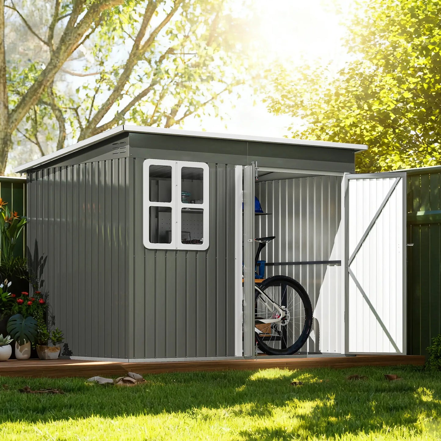 8.5' x 6' Galvanised Steel Outdoor Storage Shed, Garden Shed, Grey Sheds at Gallery Canada