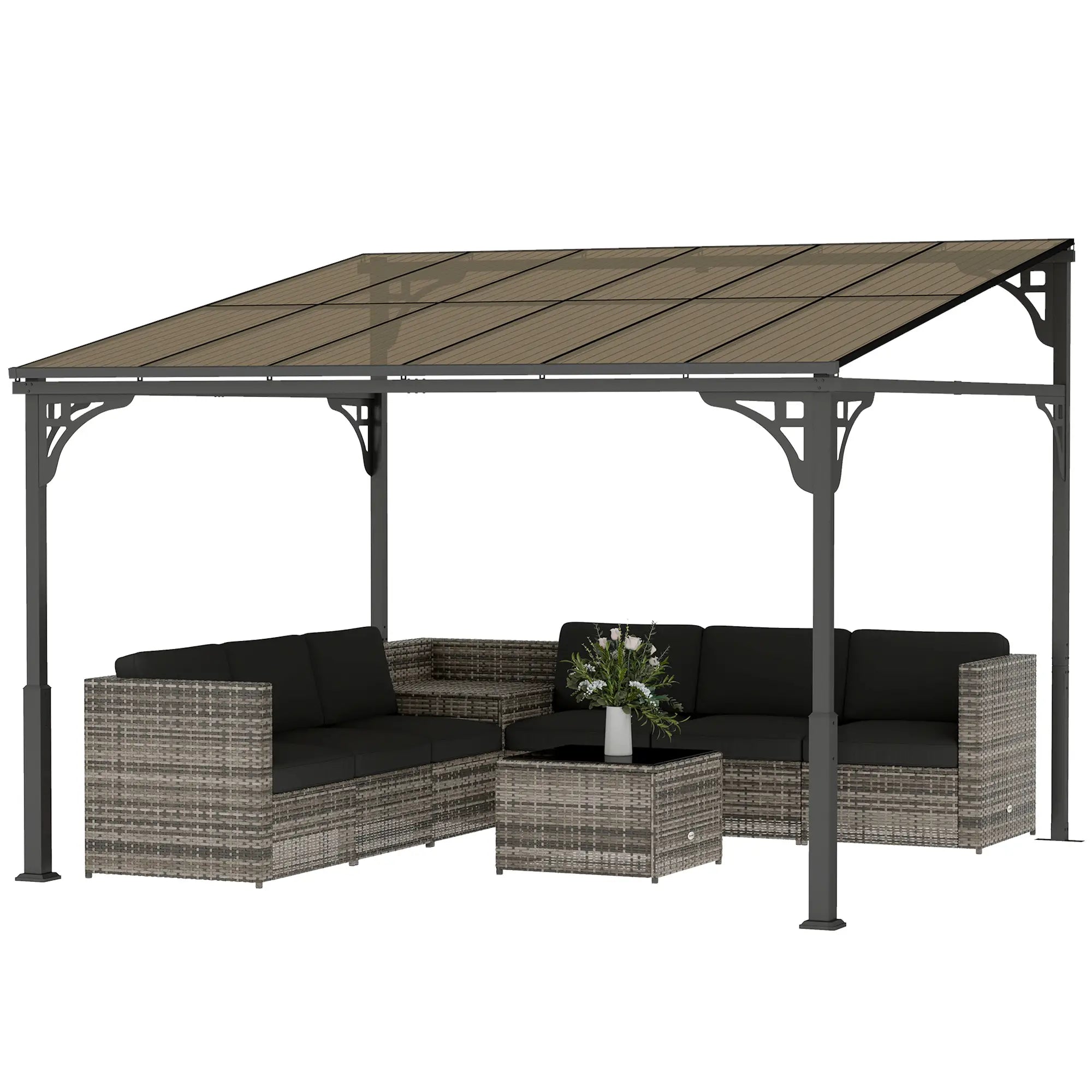 11' x 10' Outdoor Pergola, Wall Mounted Hardtop Gazebo, Polycarbonate Roof, Metal Frame Pergolas Brown at Gallery Canada