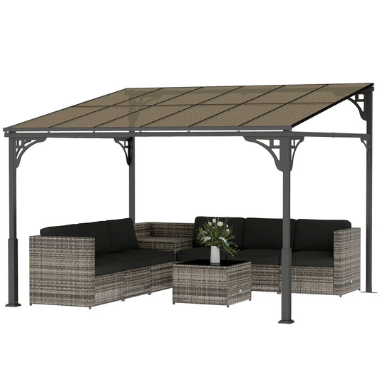 11' x 10' Outdoor Pergola, Wall Mounted Hardtop Gazebo, Polycarbonate Roof, Metal Frame Pergolas Brown at Gallery Canada