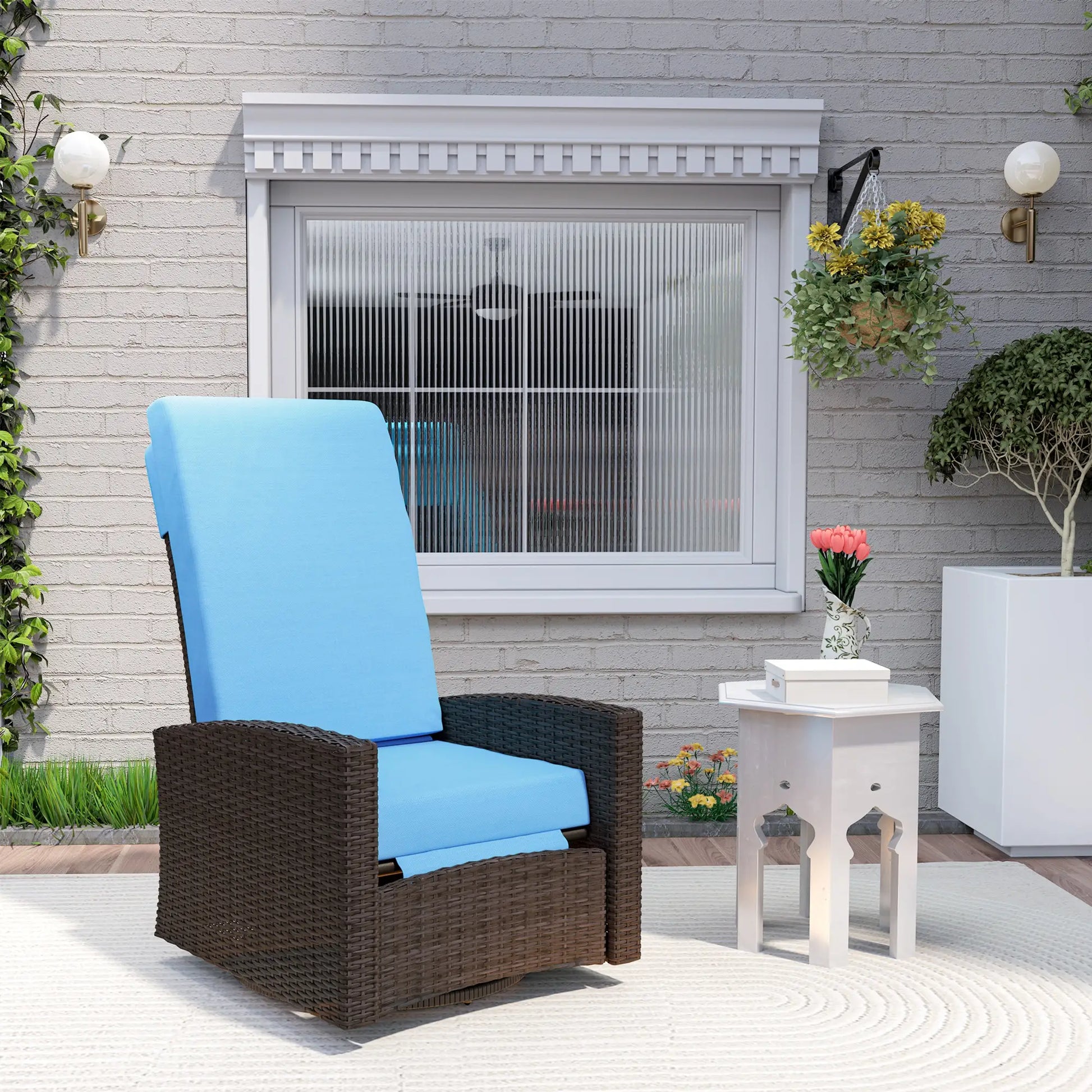 Outdoor Rattan Lounge Chair with Footrest, Soft Cushion, Sky Blue Patio Chairs at Gallery Canada