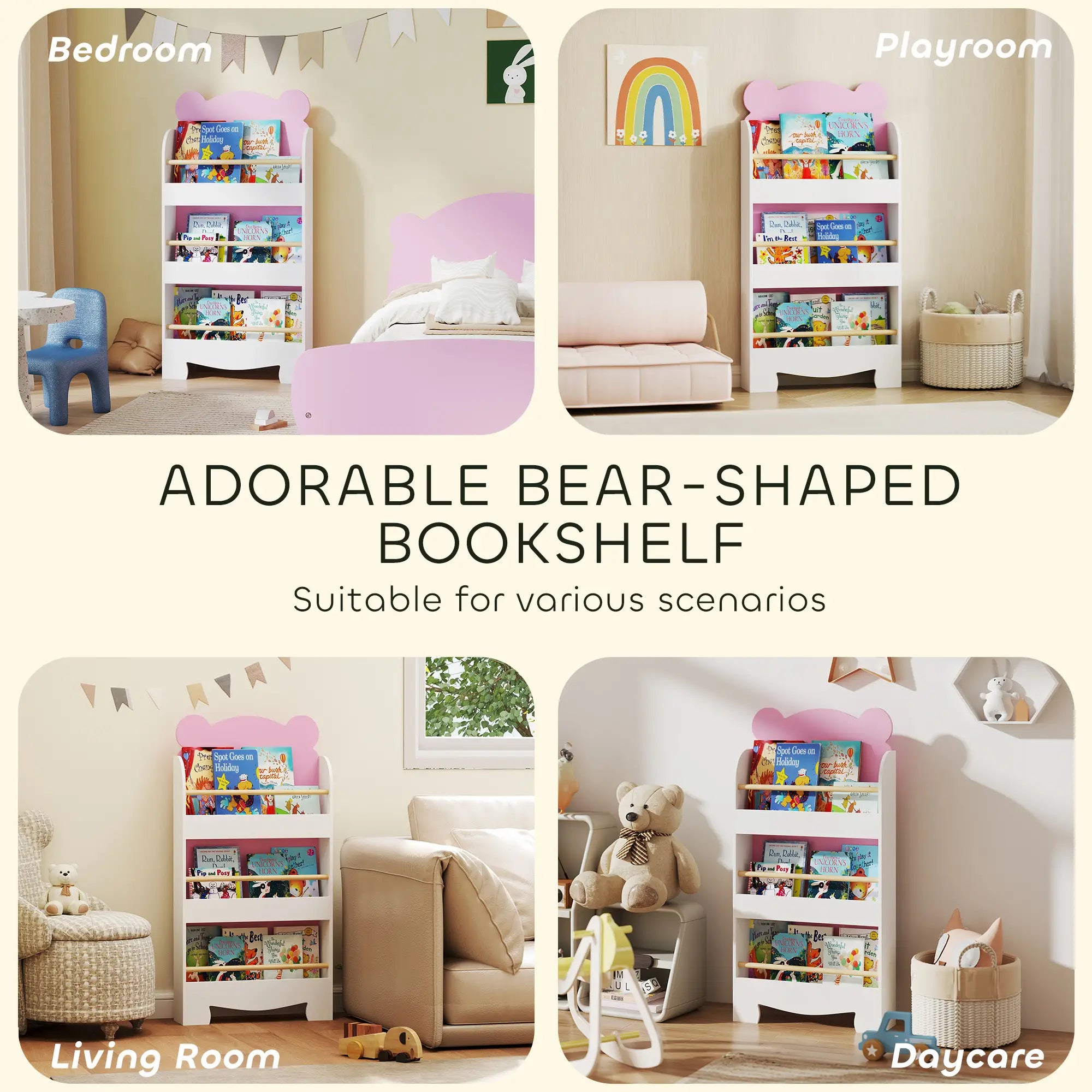 3-Tier Bear Theme Kids Bookshelf, Anti-Tip, 36.6L x 11.8W x 35.4H Inches, Pink Baby & Kids Storage at Gallery Canada