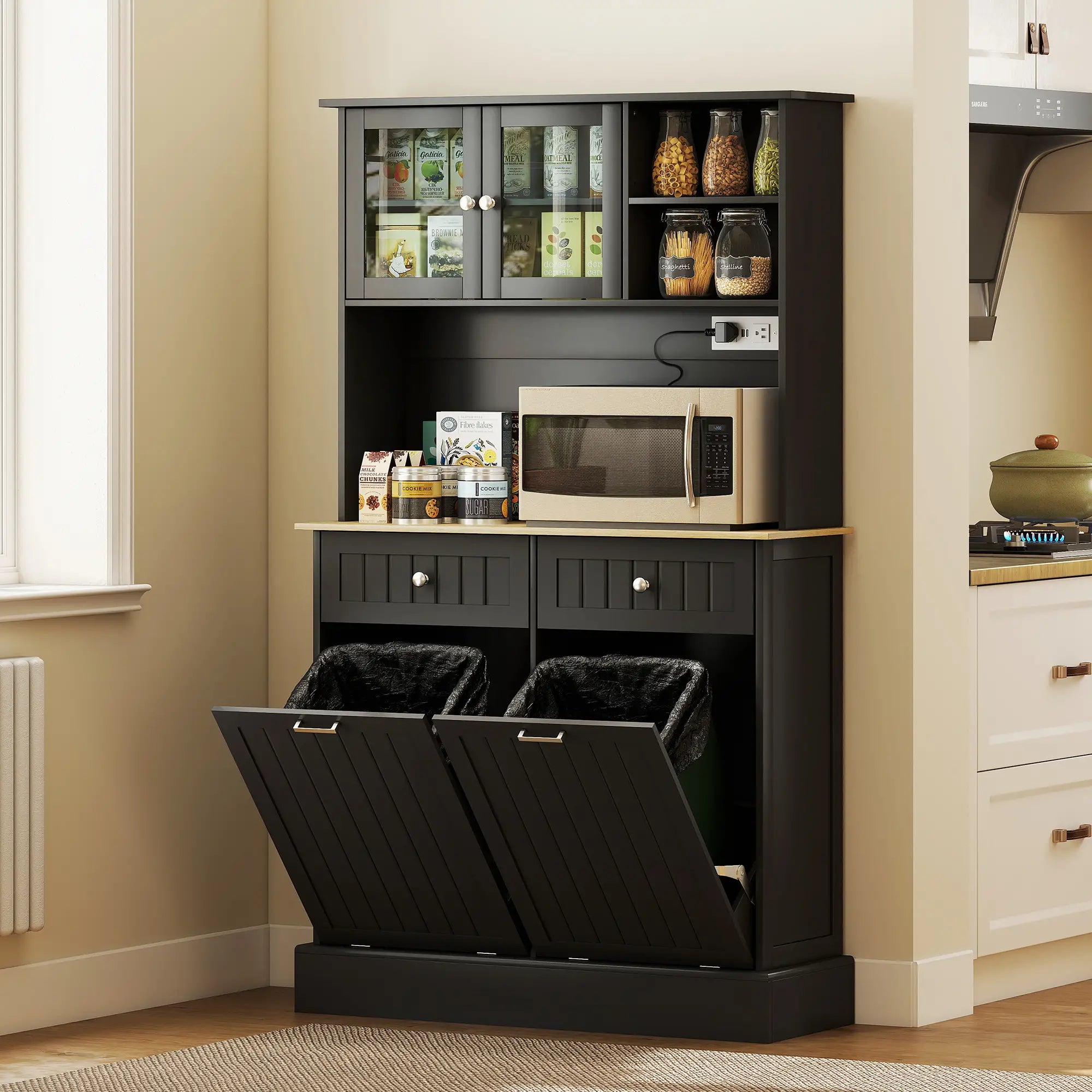 Kitchen Cabinet with Charging Station, 2 Tilt Out Cabinets, Microwave Stand, Black Kitchen Pantry Cabinets at Gallery Canada