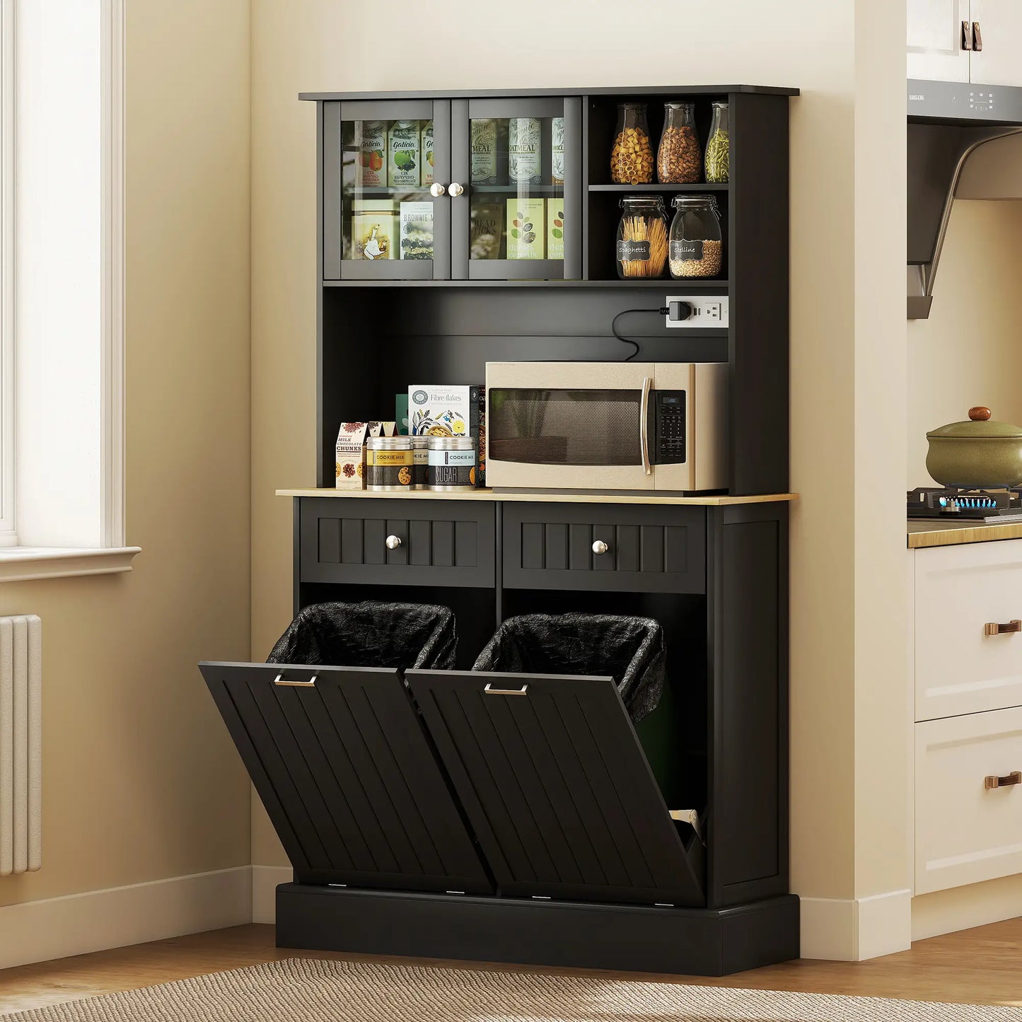 Kitchen Cabinet with Charging Station, 2 Tilt Out Cabinets, Microwave Stand, Black Kitchen Pantry Cabinets at Gallery Canada