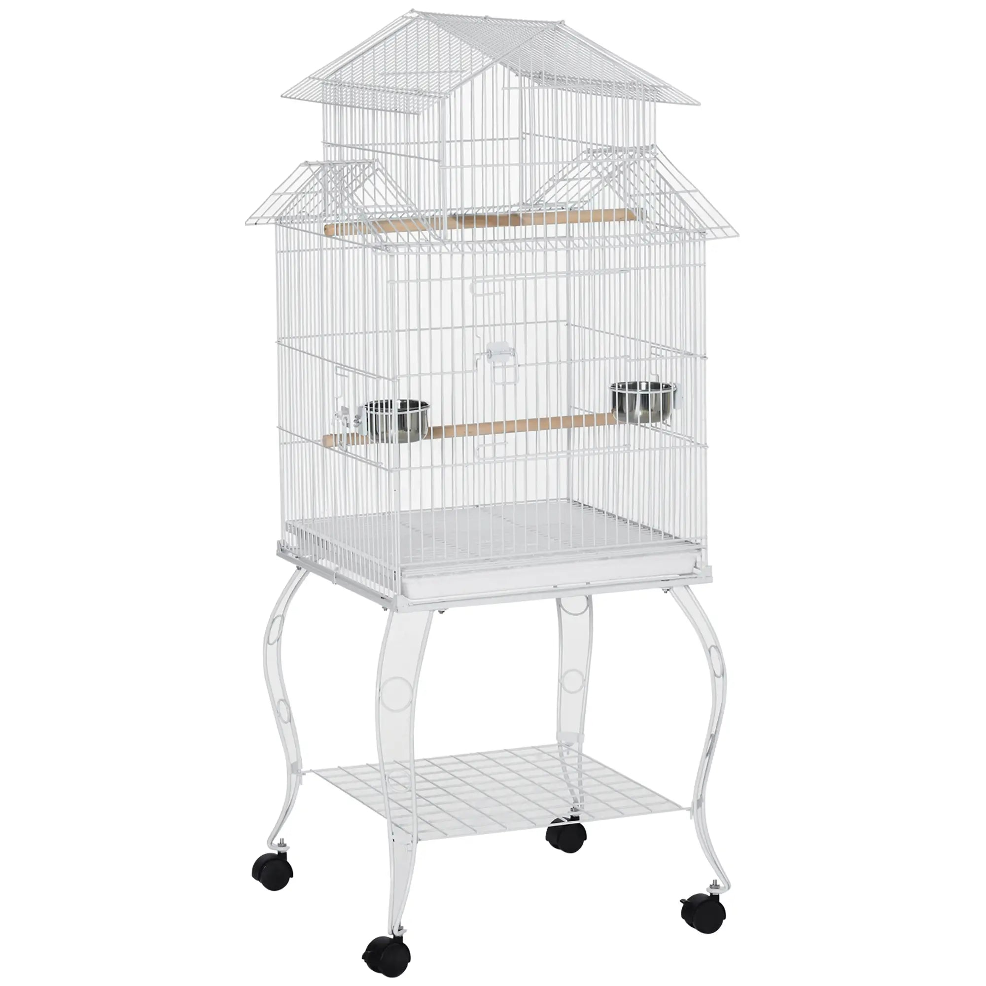 53.9'' Large Rolling Bird Cage with Stand, Shelf, Perch, White Bird Cages White at Gallery Canada