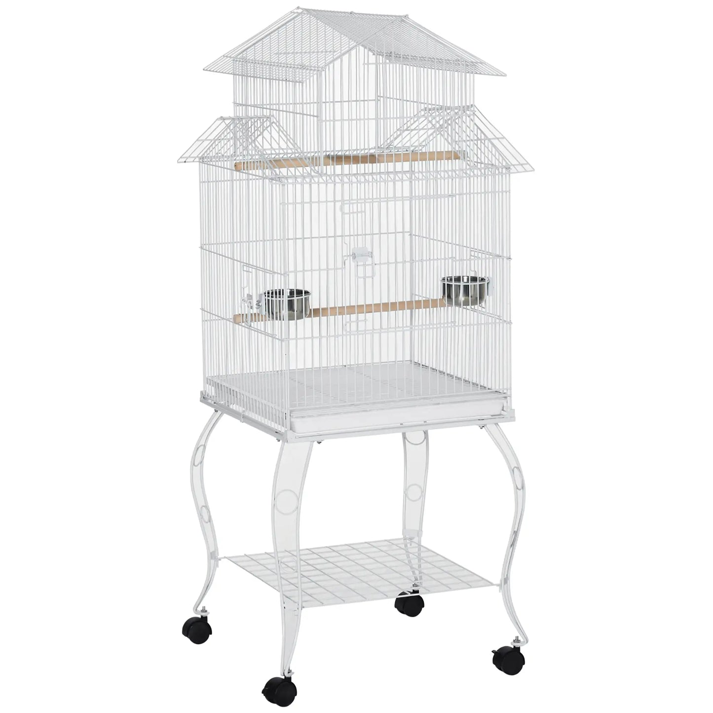 53.9'' Large Rolling Bird Cage with Stand, Shelf, Perch, White Bird Cages White at Gallery Canada
