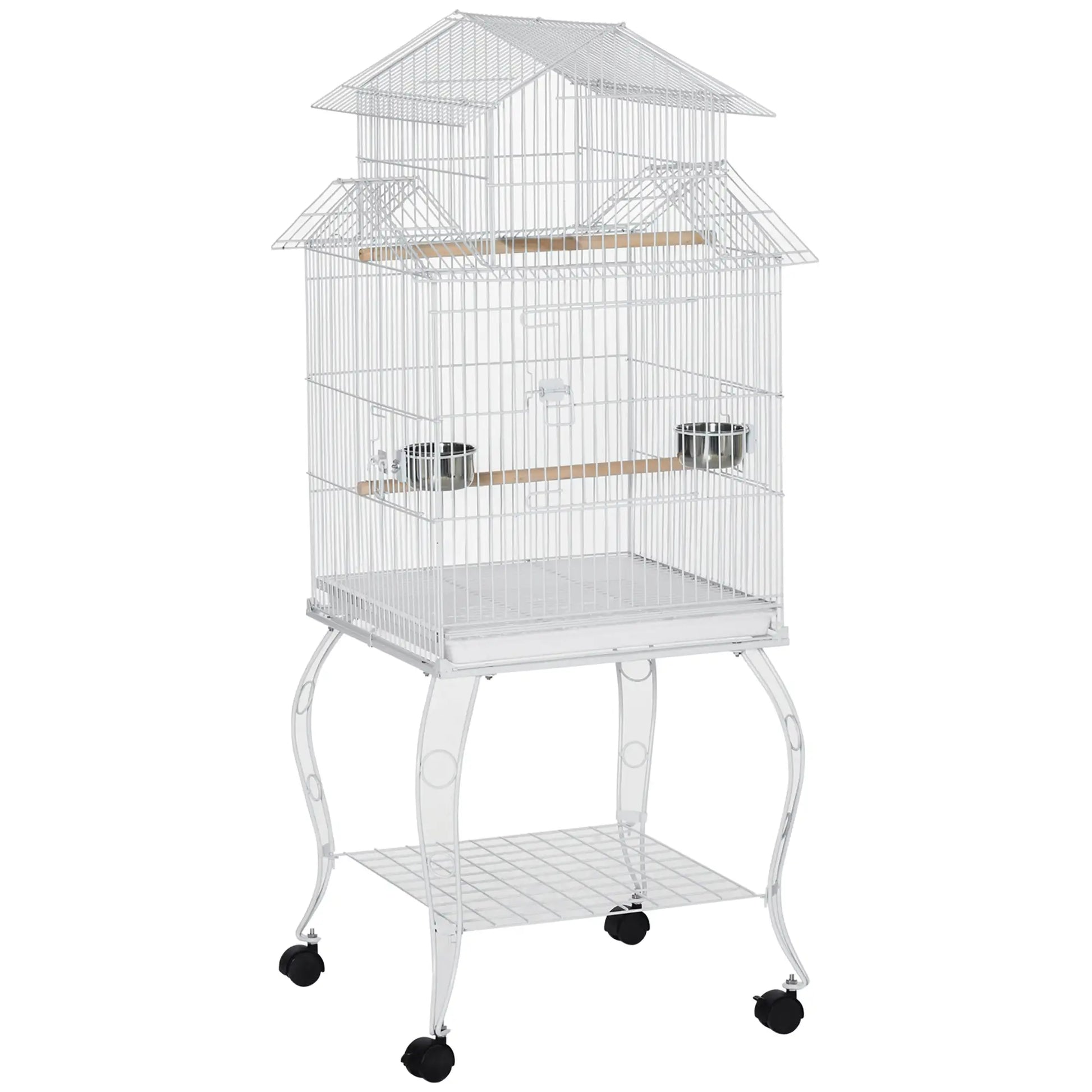 53.9'' Large Rolling Bird Cage with Stand, Shelf, Perch, White Bird Cages White at Gallery Canada
