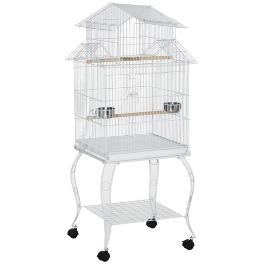 53.9'' Large Rolling Bird Cage with Stand, Shelf, Perch, White Bird Cages White at Gallery Canada
