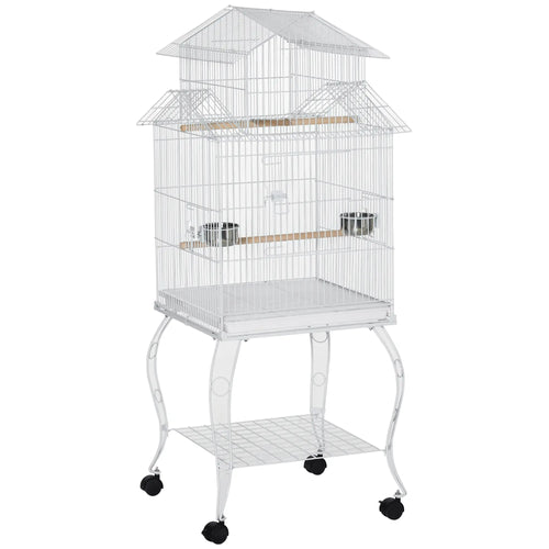 53.9'' Large Rolling Bird Cage with Stand, Shelf, Perch, White
