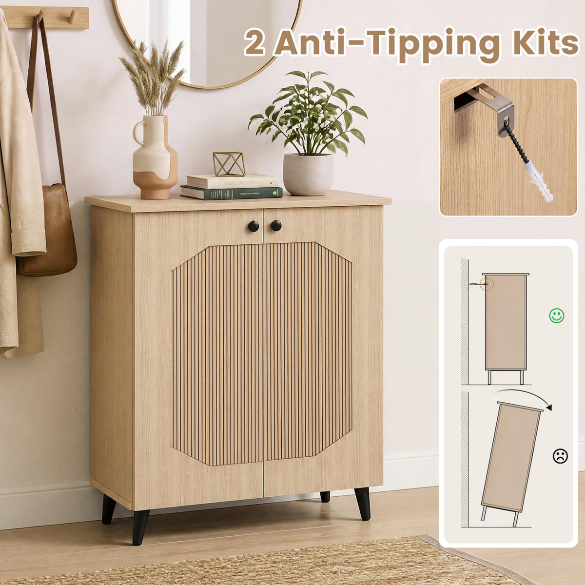 Geometric 2-Door Cabinet Footwear Storage, Natural