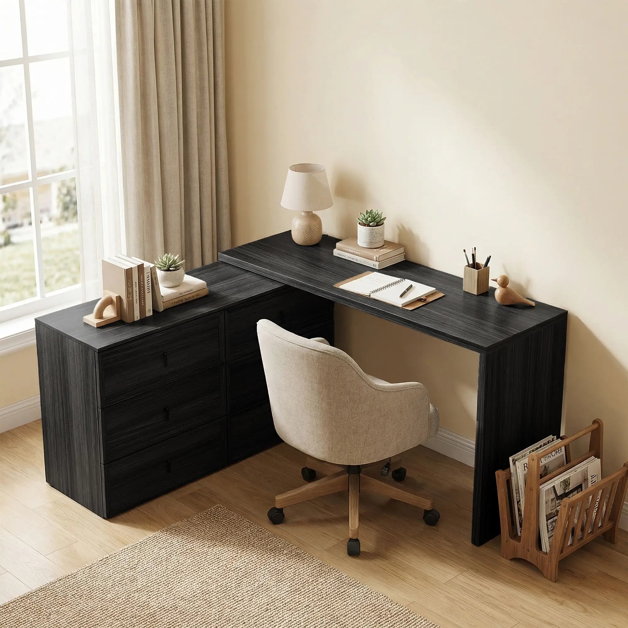 L Shaped Computer Desk, 6 Drawers, Wood Grain, Black Computer Desks at Gallery Canada