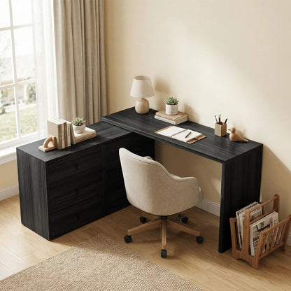 L Shaped Computer Desk, 6 Drawers, Wood Grain, Black Computer Desks at Gallery Canada