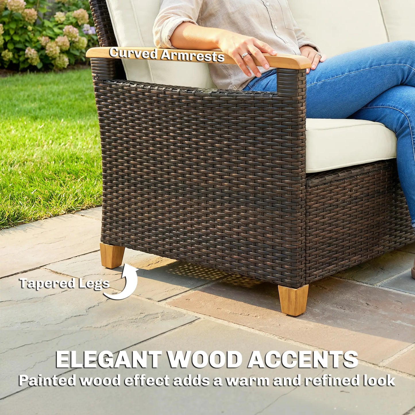 3 Seater Outdoor Sofa, PE Wicker Patio Furniture, 4" Cushions, Cream White Patio Furniture Sets at Gallery Canada