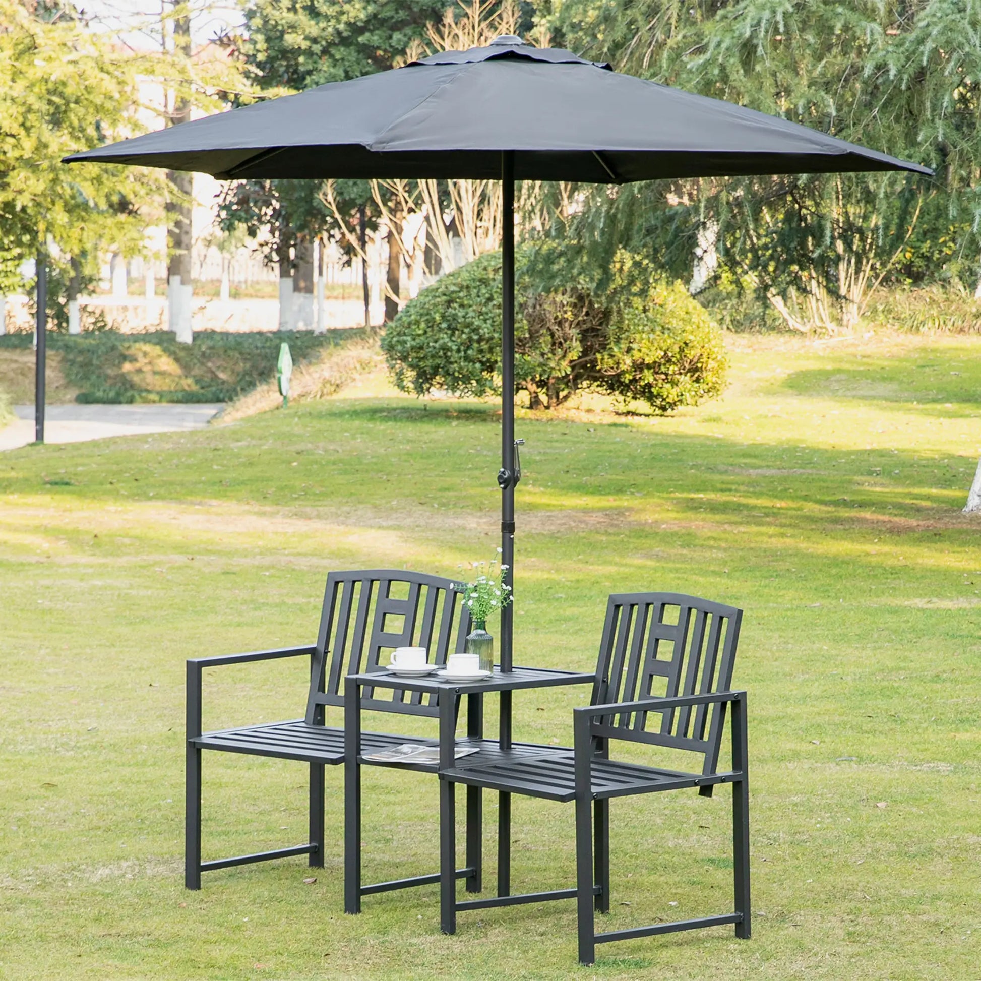 Metal Outdoor Bench, 2-Seater with Middle Table, Umbrella Hole, Black Outdoor Benches at Gallery Canada