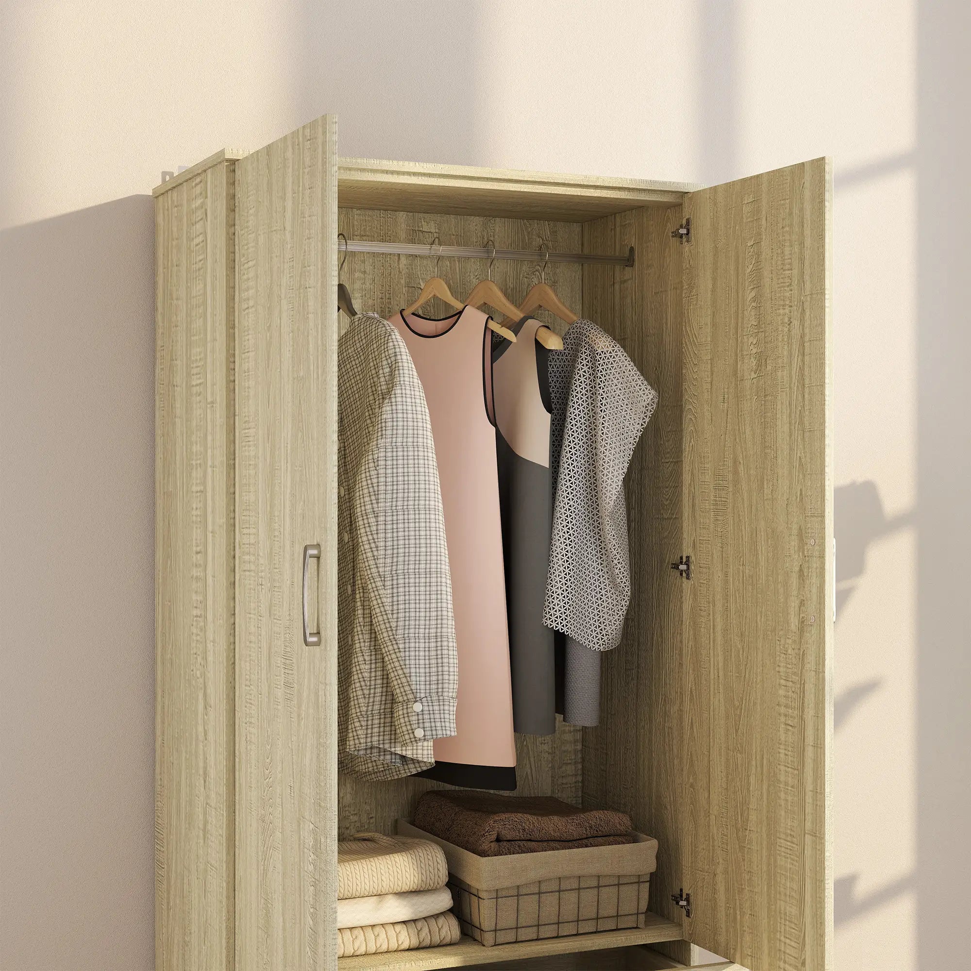 Wardrobe Closet, Hanging Rod, 2 Doors, 2 Drawers, Oak Clothing Storage at Gallery Canada