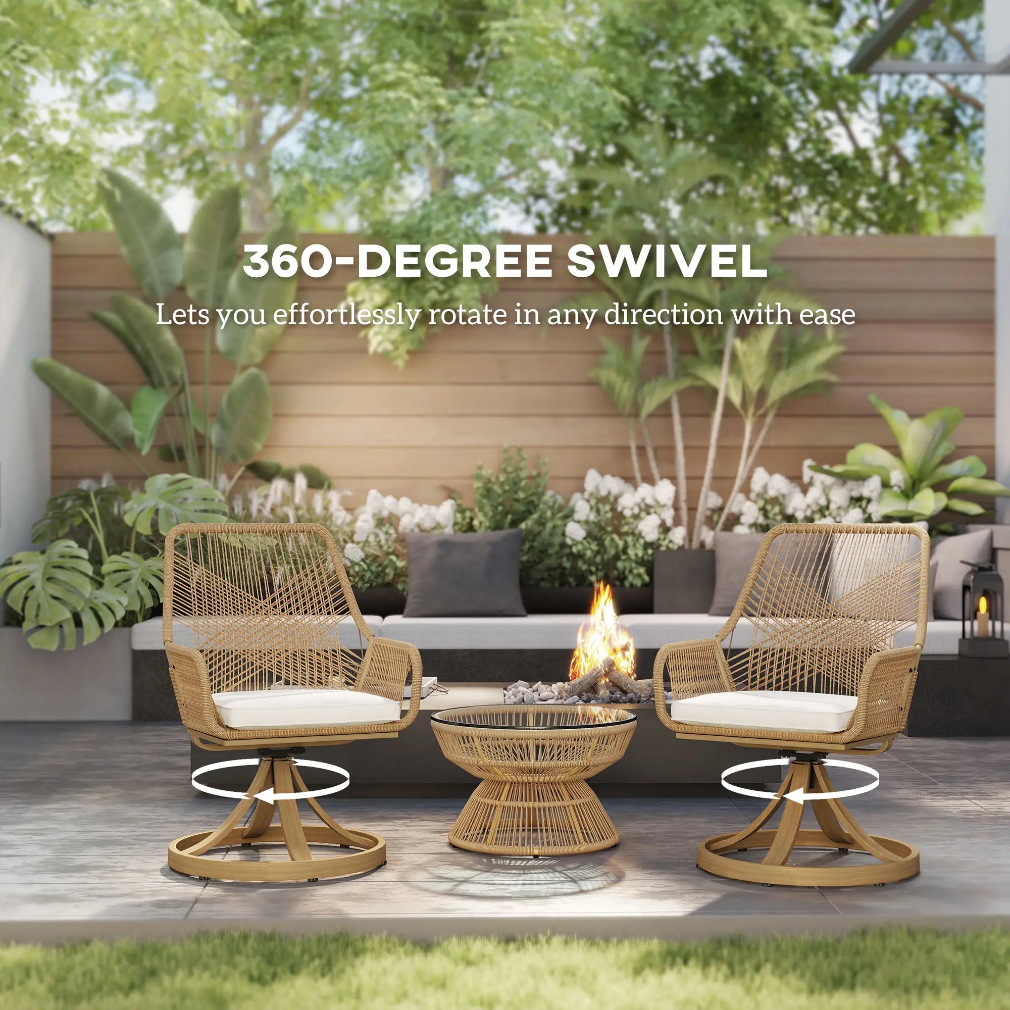 Outdoor Swivel Dining Chairs Set of 2, Patio Rattan with Cushions, Khaki Patio Chairs at Gallery Canada