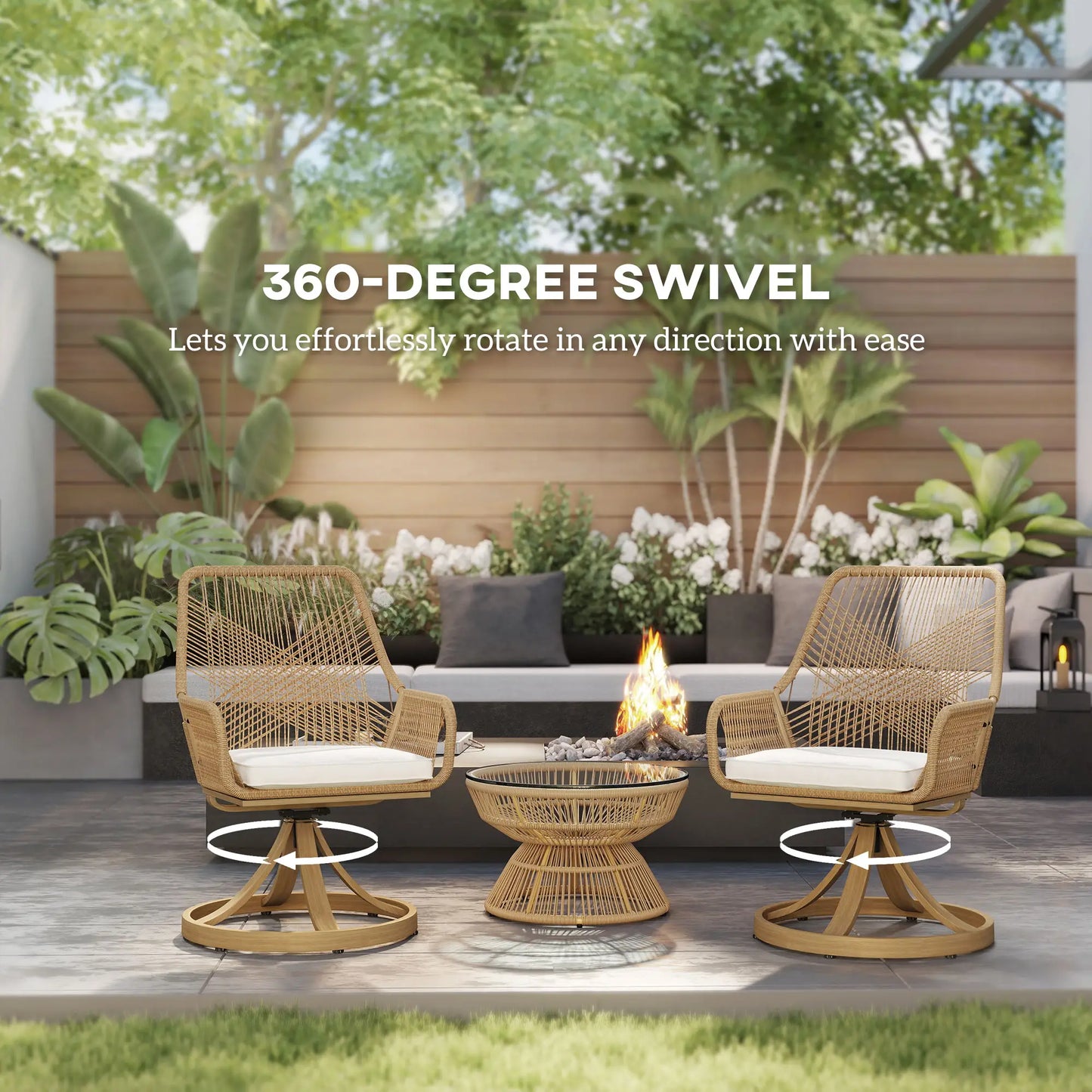 Outdoor Swivel Dining Chairs Set of 2, Patio Rattan with Cushions, Khaki Patio Chairs at Gallery Canada