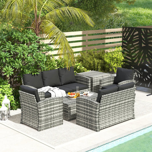 6-Piece Wicker Patio Furniture Set, 7-Seater with Cushions, Black Patio Furniture Sets Mixed Grey Rattan, Black Cushion at Gallery Canada