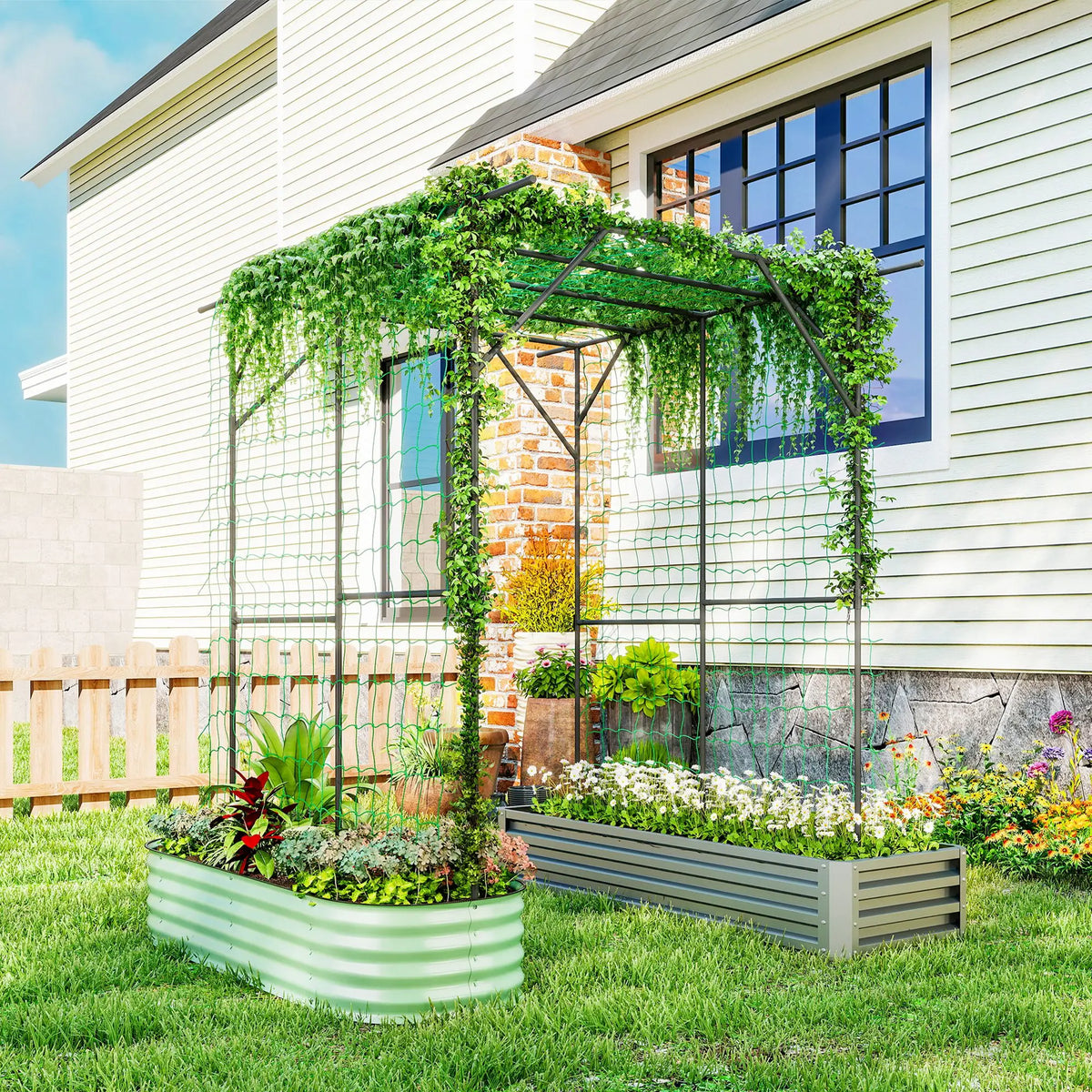 6.4FT Tall Metal Garden Arch Trellis, Plant Support With Climbing Net Plant Stands at Gallery Canada