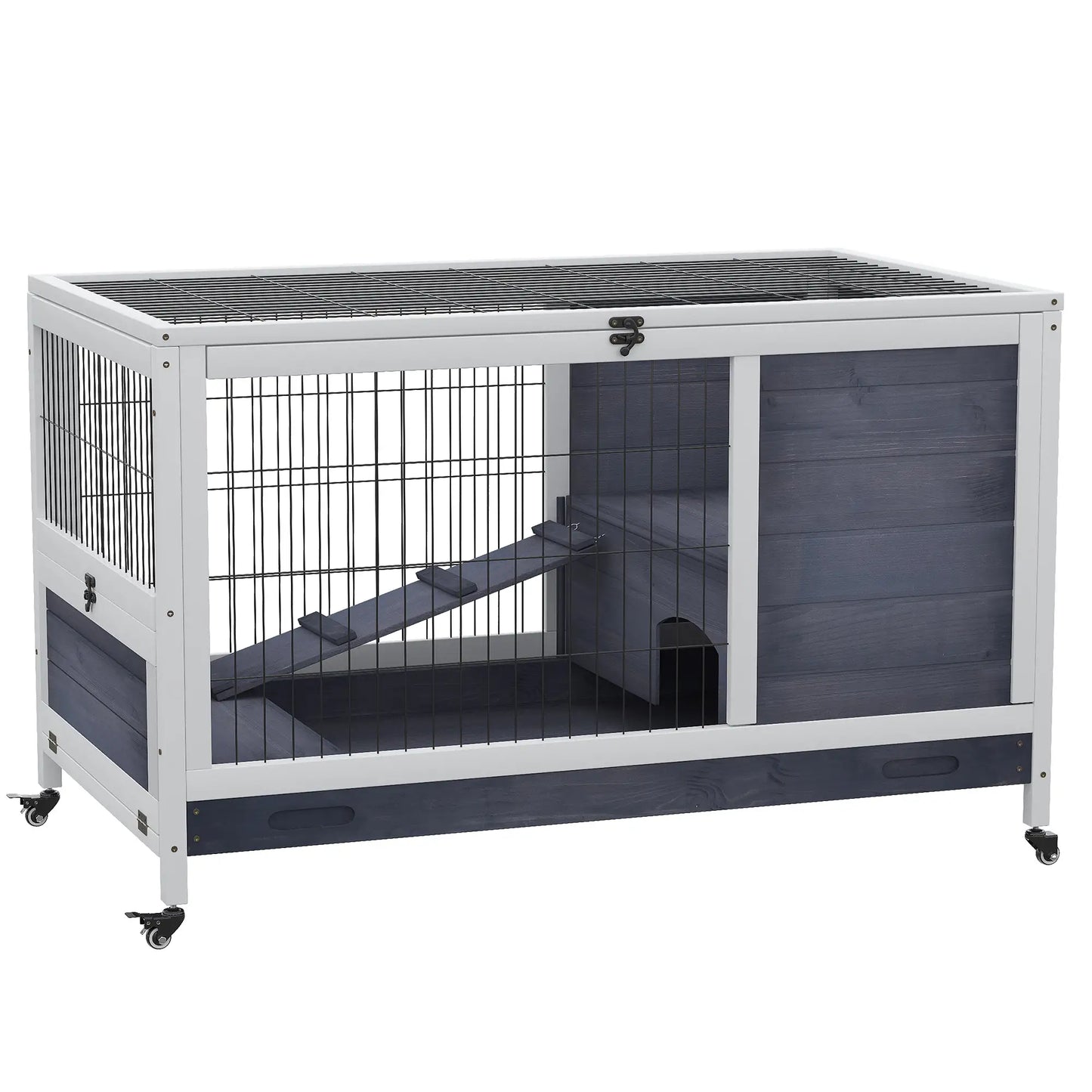 Wooden Indoor Rabbit Hutch, Elevated Cage with Enclosed Run, Wheels, White Rabbit Hutch White, Grey at Gallery Canada