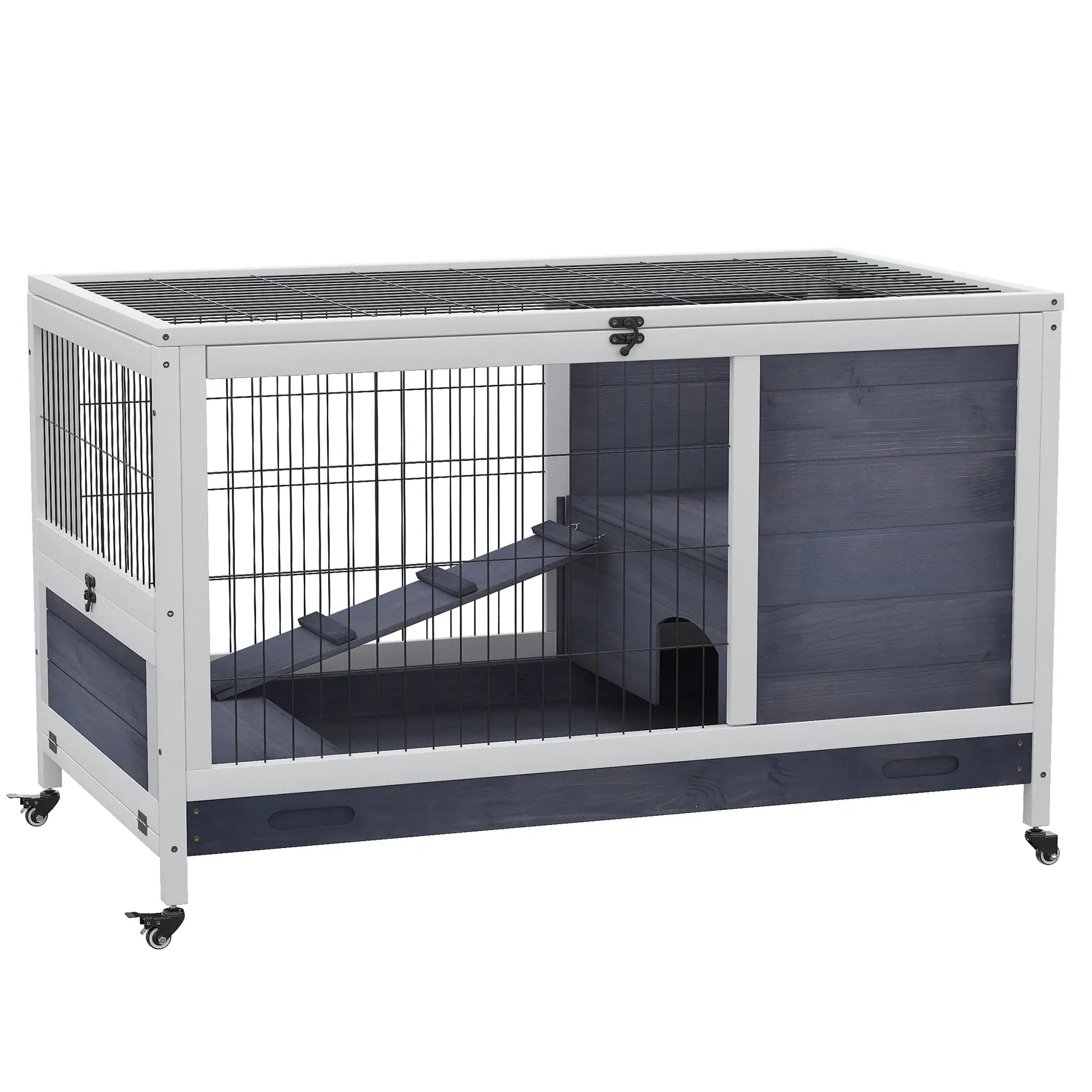 Wooden Indoor Rabbit Hutch, Elevated Cage with Enclosed Run, Wheels, White Rabbit Hutch White, Grey at Gallery Canada