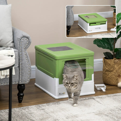 Top Entry Enclosed Kitty Litter Box, Scoop, Tray, Large, Foldable, Dark Green